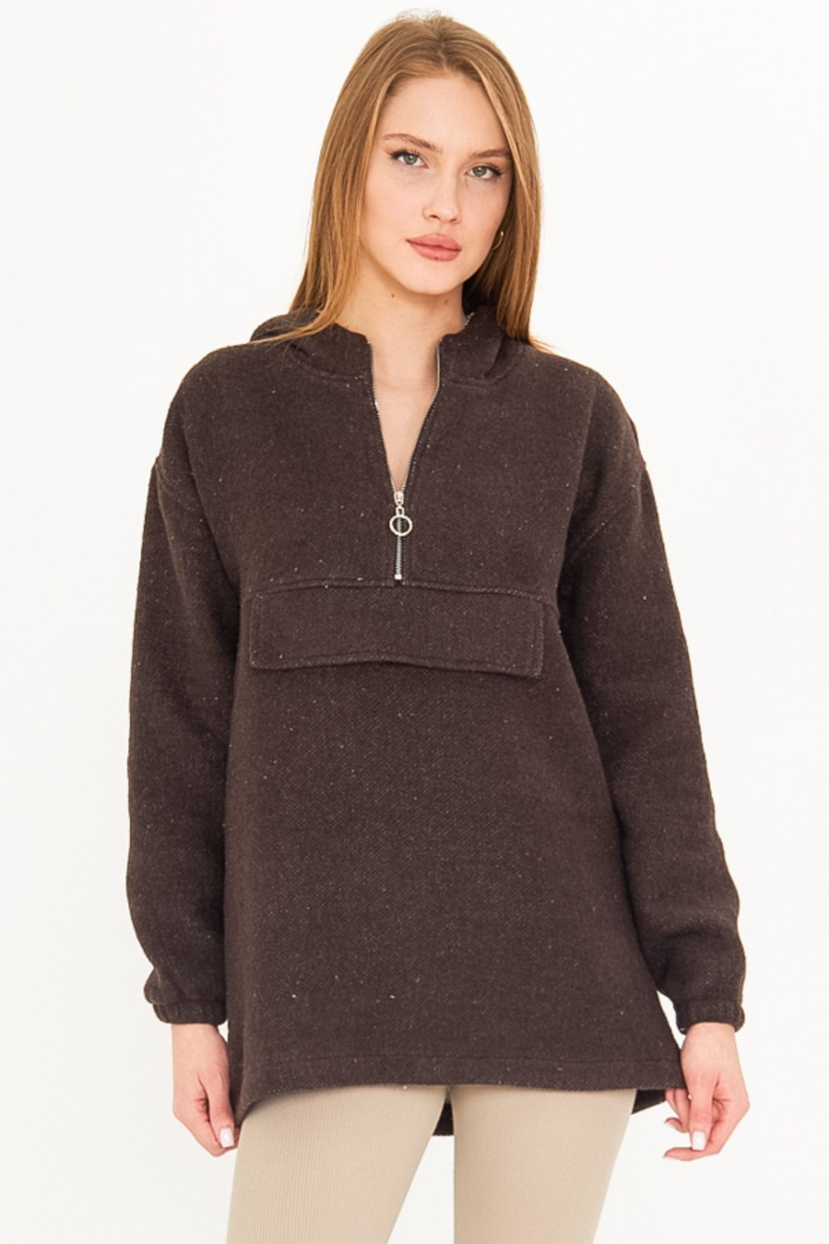 Kadın Kahve Kapüşonlu Cep Kapaklı Kaşe Sweatshirt ARM-25K001097