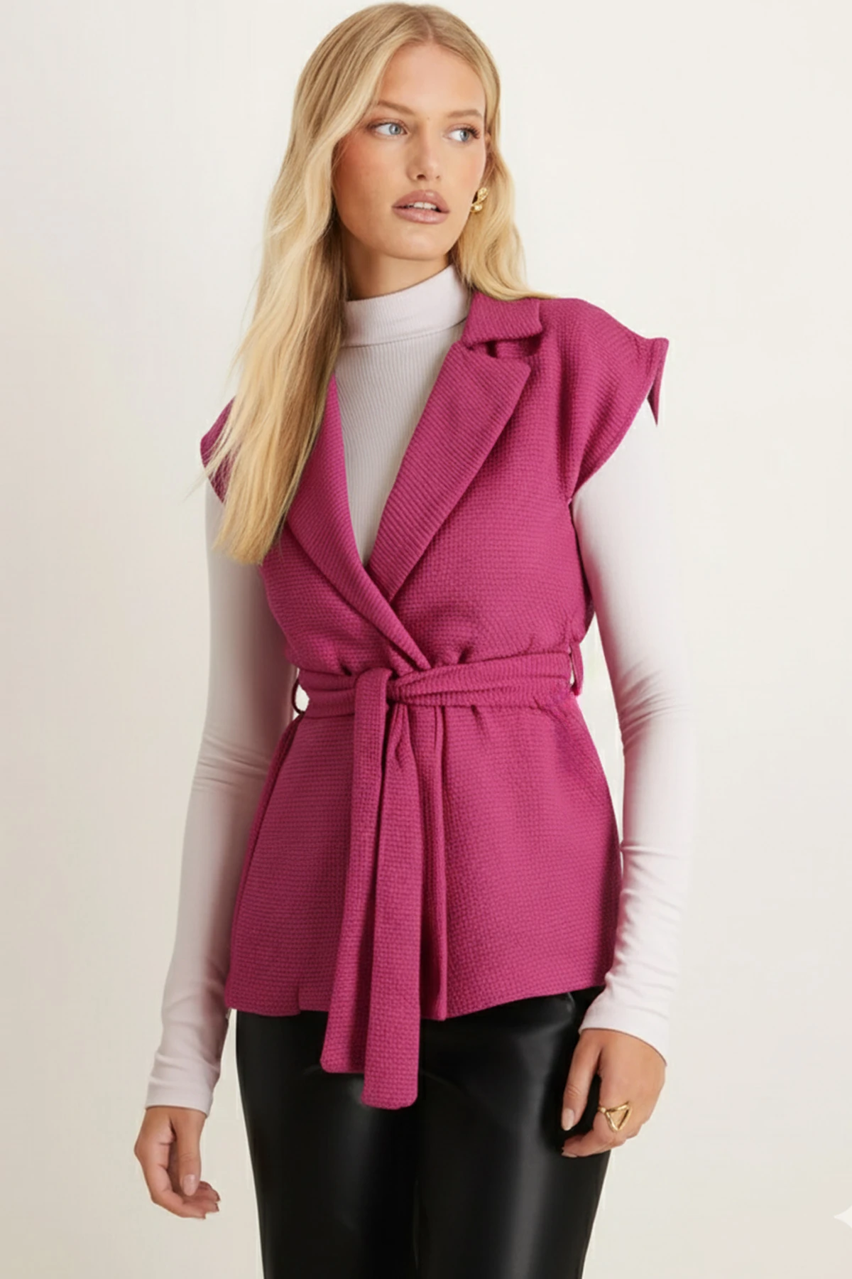 Kadın Fuşya Erkek Yaka Beli Kuşaklı Keten Görünümlü Yelek ARM-26K001055