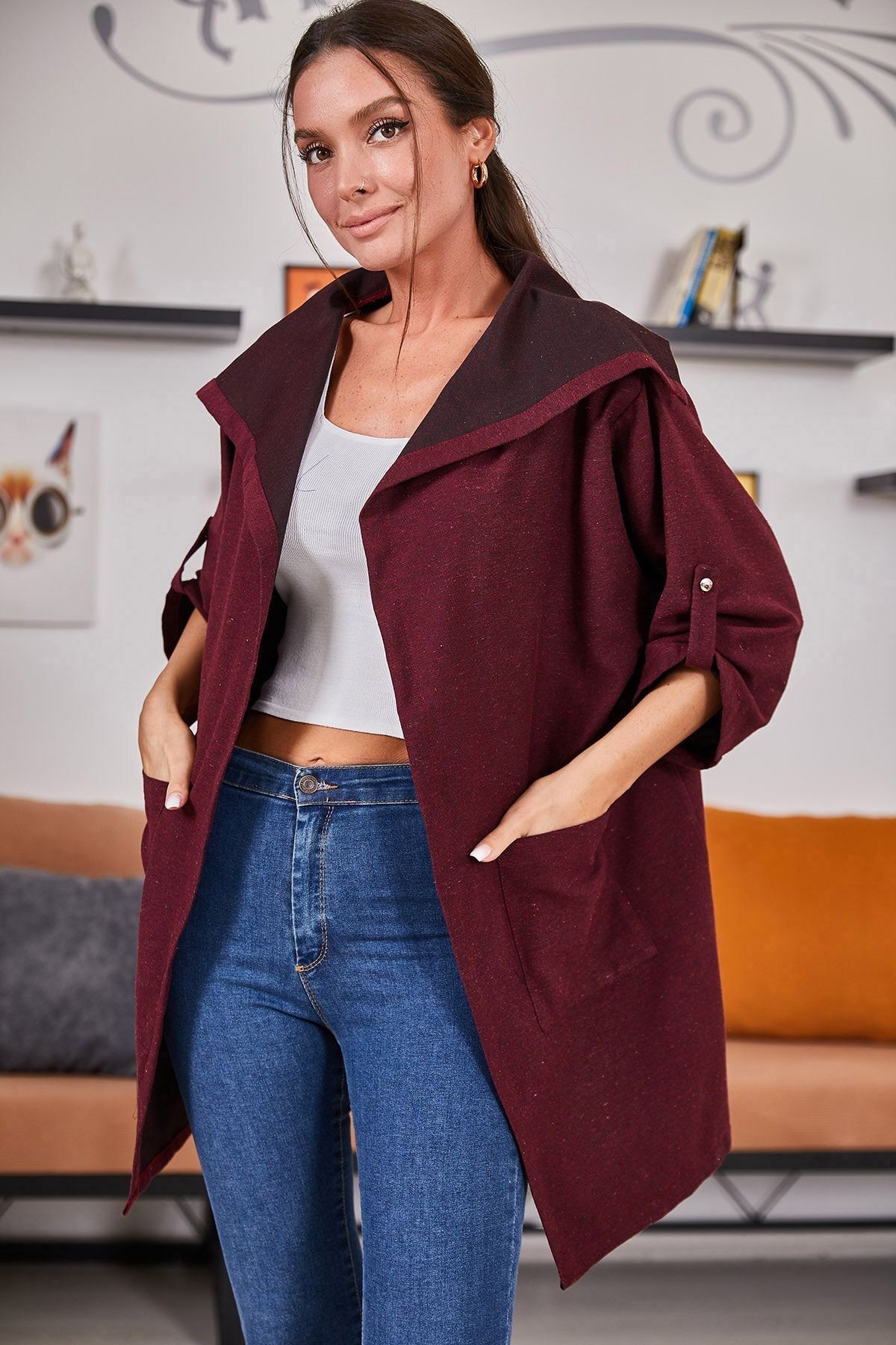 Kadın Bordo Sırtı Çiçek Baskılı Mevsimlik Ceket ARM-20K024030