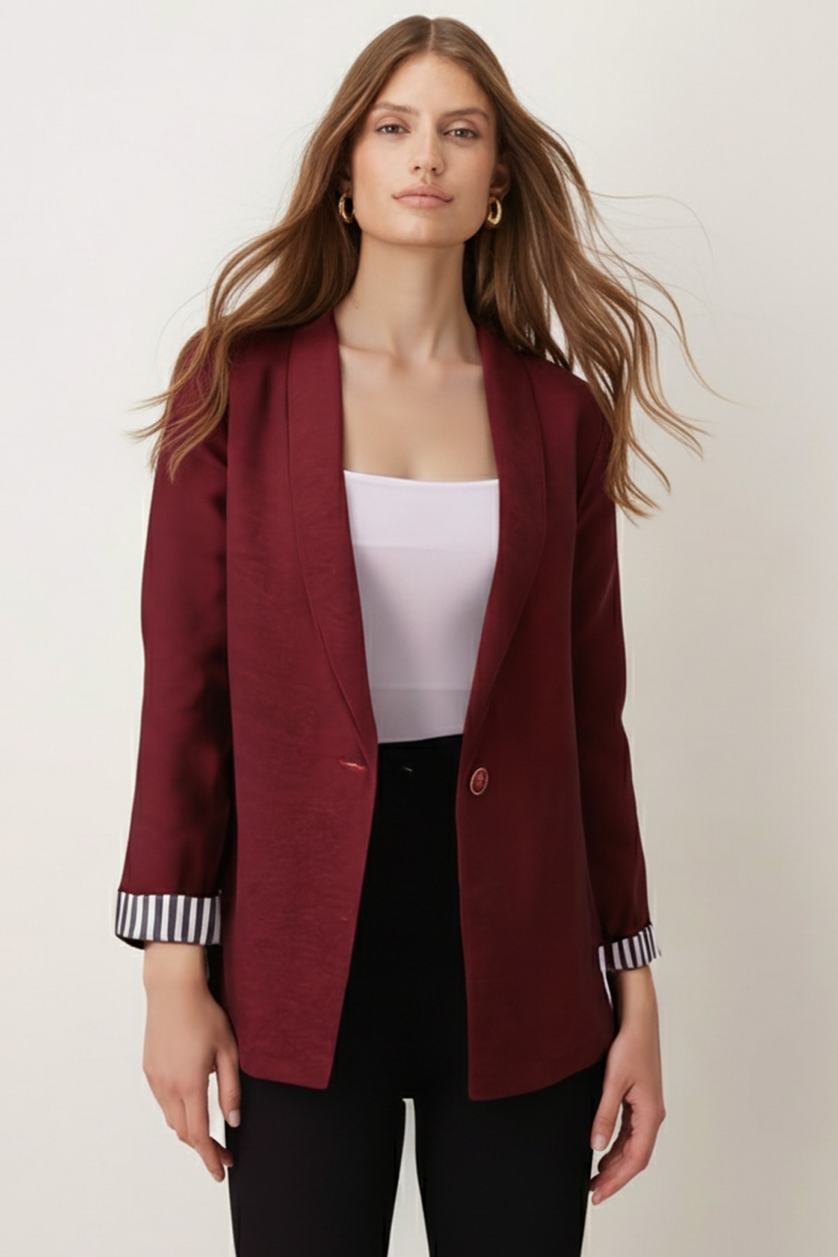 Kadın Açık Bordo Kol İçi Çizgili Tek Düğmeli Ceket ARM-22K001122