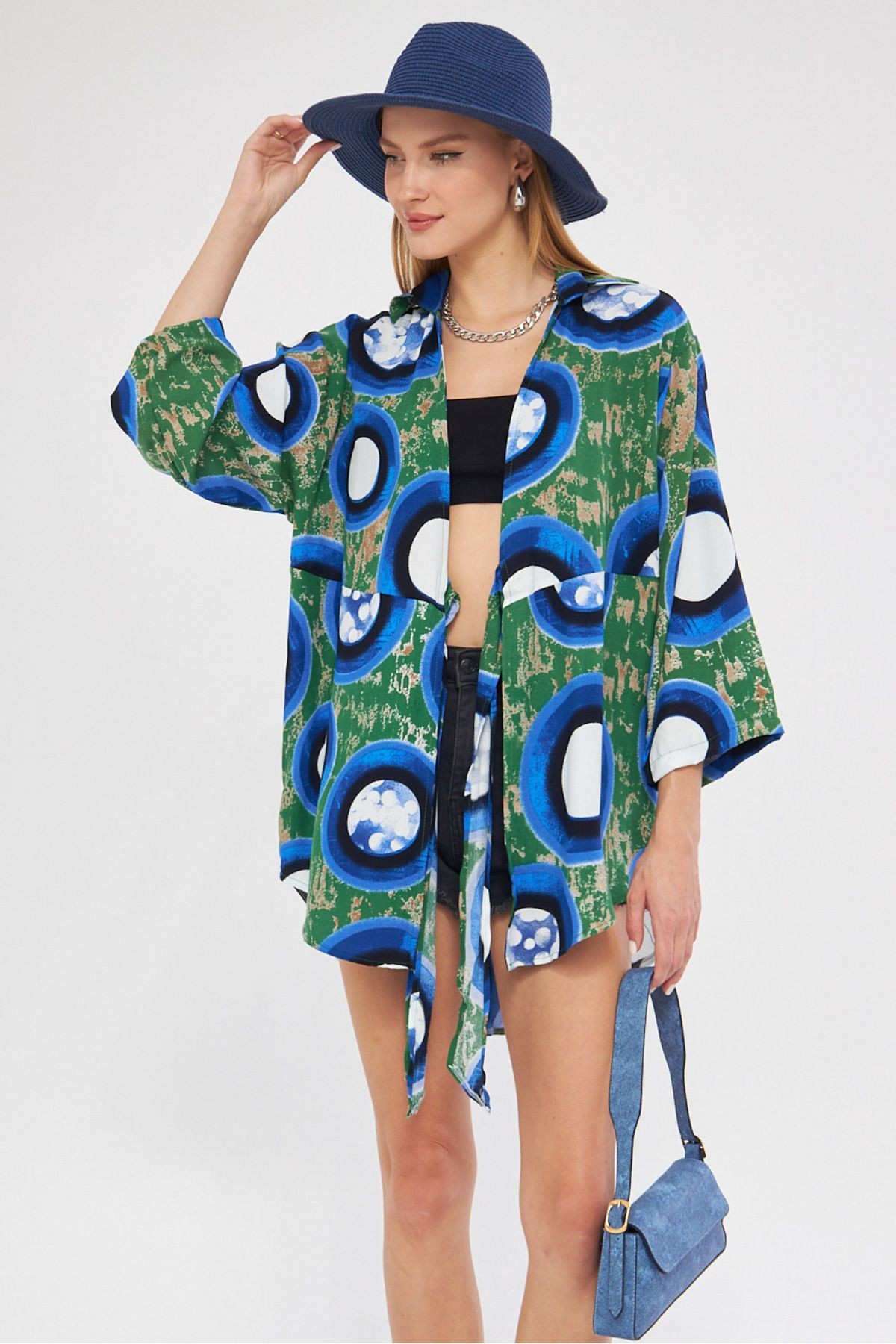 Kadın Koyu Yeşil Desenli Önden Bağlamalı Kimono Gömlek ARM-24Y001080