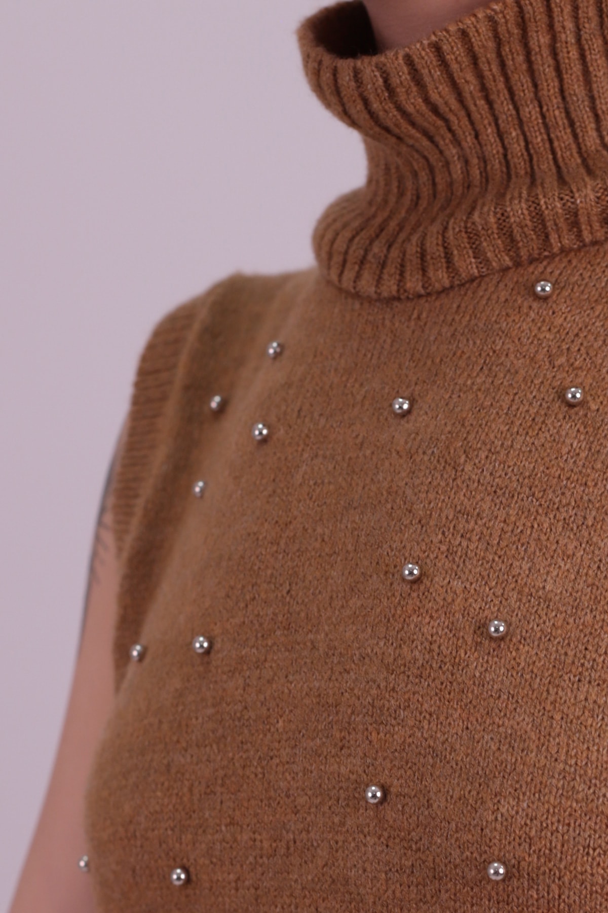 Kadın Camel Önü Boncuklu Kolsuz Triko Elbise ARM-26K136034