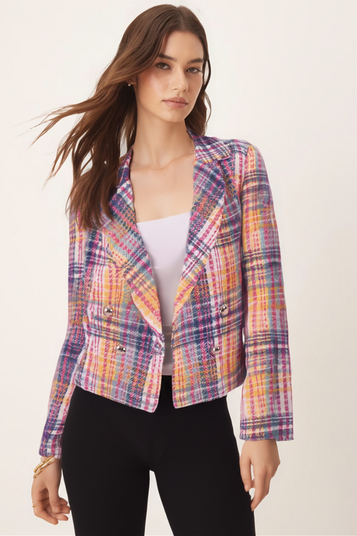 Kadın Sarı-Fuşya Kruvaze Yaka Tüvit Crop Ceket ARM-24K001014