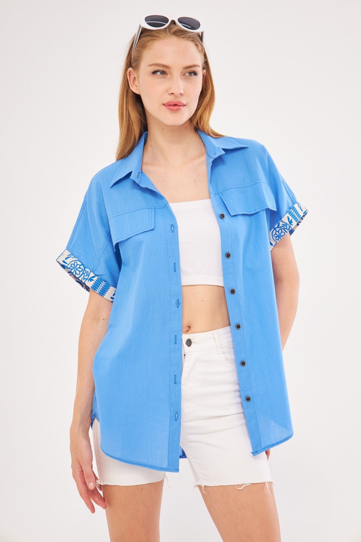Kadın Bebe Mavi Oversize Duble Kol Detaylı Gömlek ARM-24Y001075