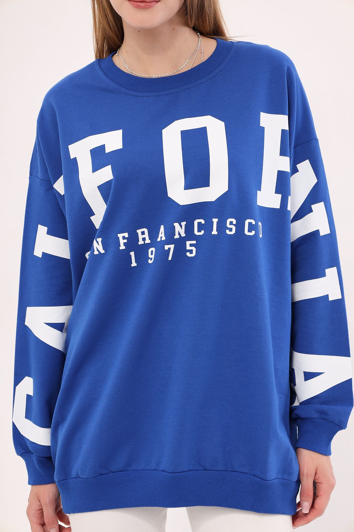 Kadın Saks Bisiklet Yaka Calıfornıa Baskılı Oversize Sweatshirt ARM-25K001023