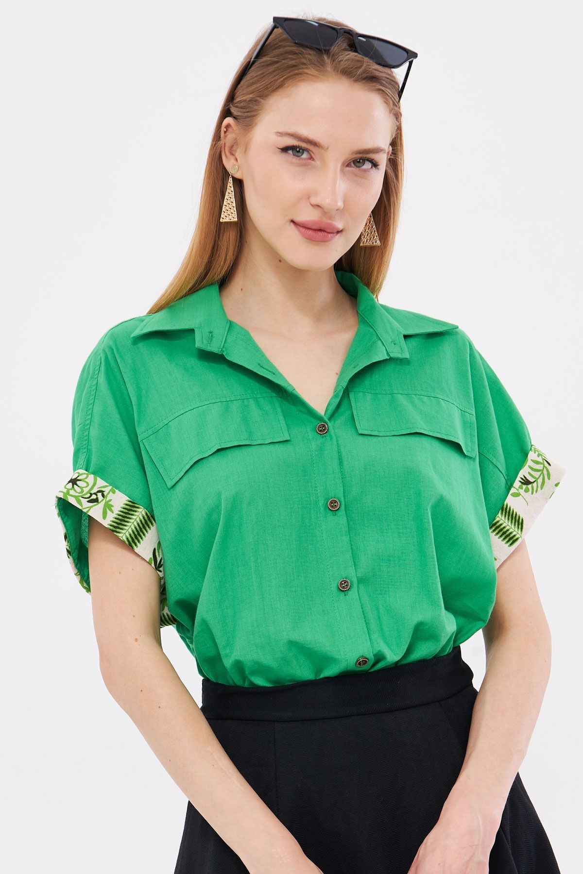 Kadın Yeşil Oversize Duble Kol Detaylı Gömlek ARM-24Y001075