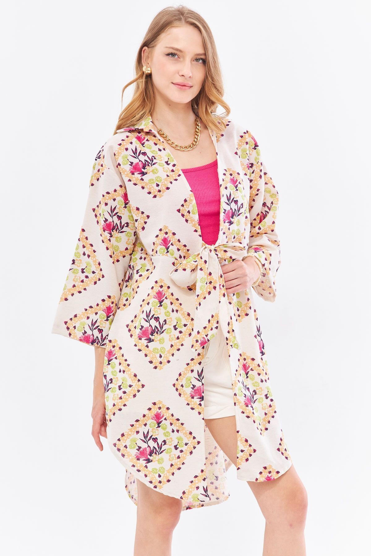 Kadın Açık Fuşya Keten Görünümlü Desenli Önden Bağlamalı Midi Boy Kimono Gömlek ARM-24Y001096