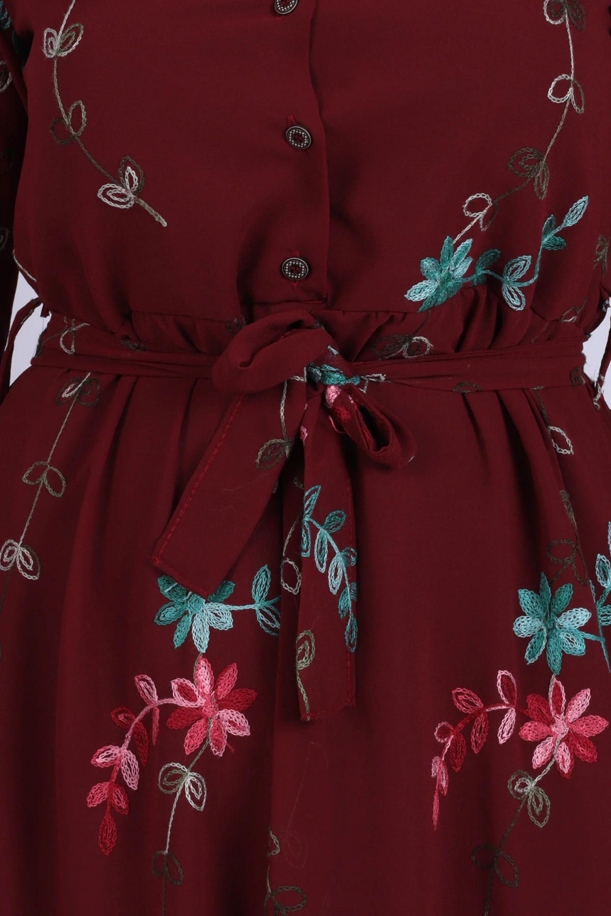 Kadın Bordo V Yaka Kemerli Astarlı Şifon Midi Boy Elbise ARM-26K001042