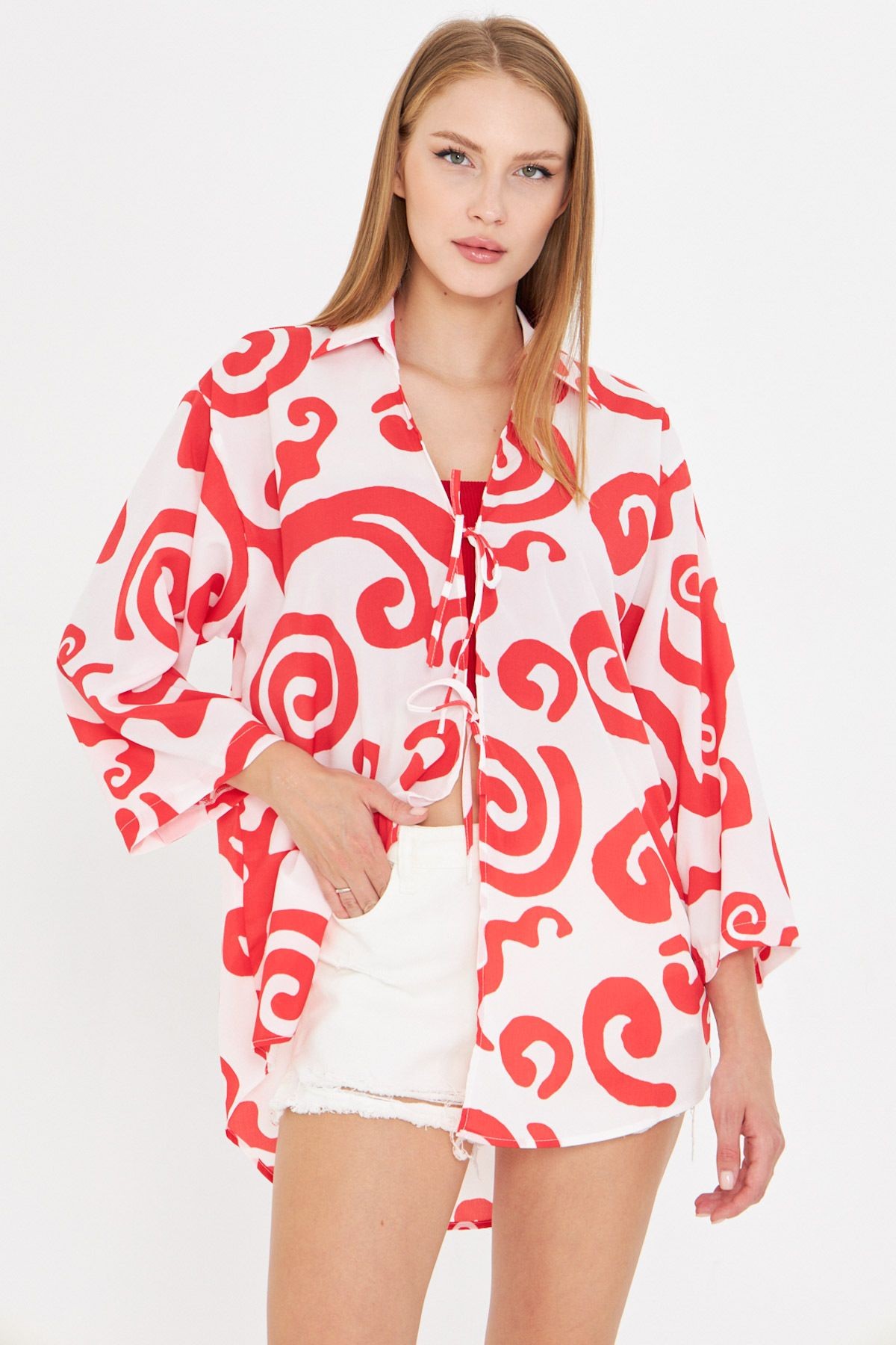Kadın Kırmızı-Beyaz Gömlek Yaka Önden Bağcıklı Kimono ARM-25K001006