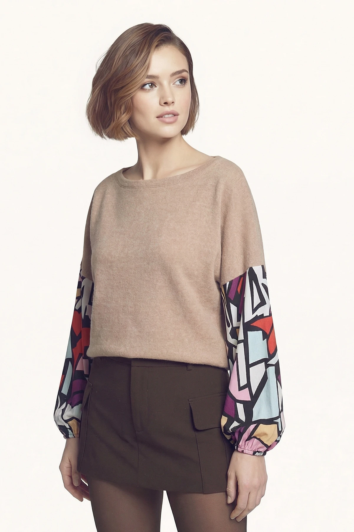 Kadın Bej Kolu Renkli Salaş Bluz ARM-20K001085