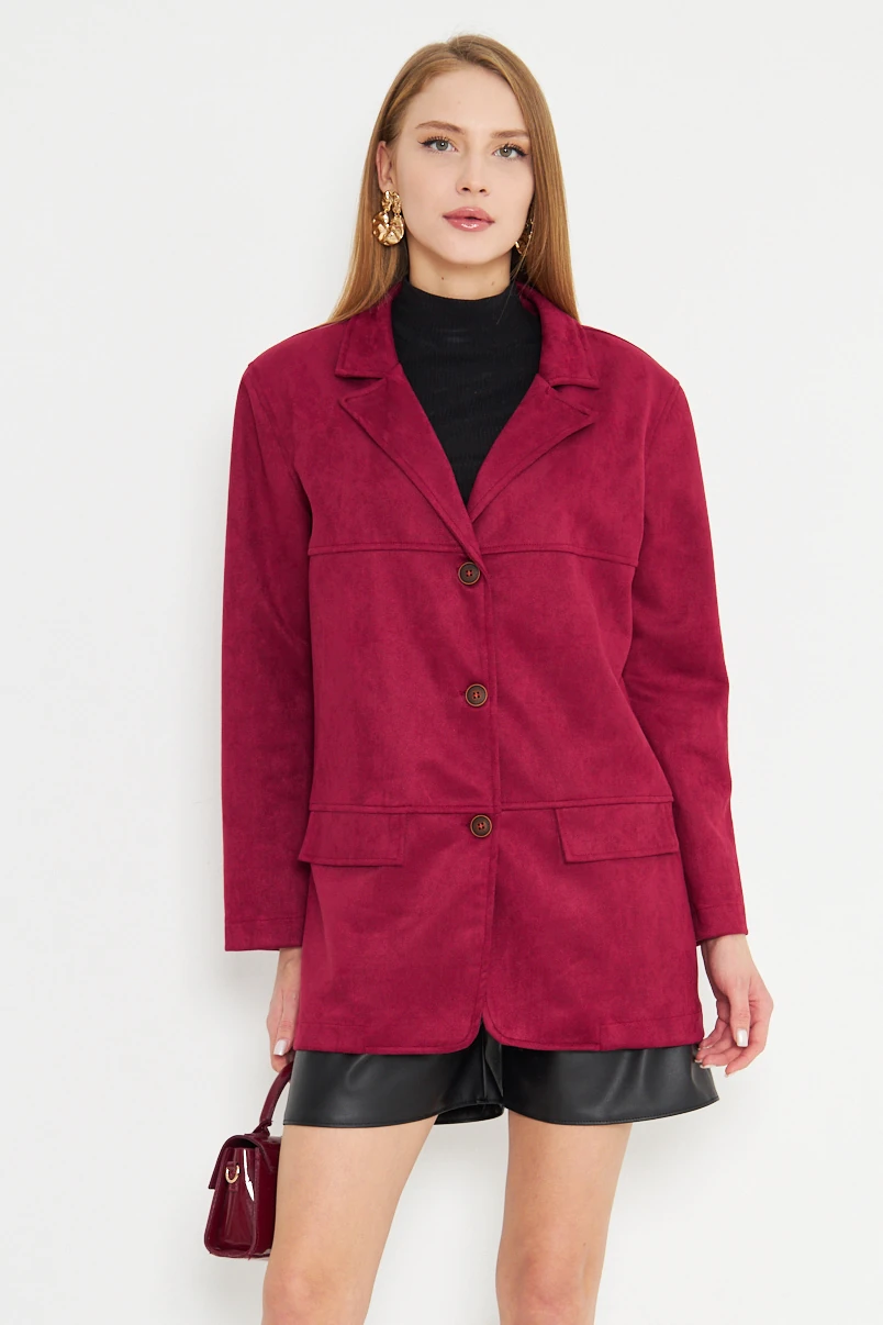 Kadın Bordo Yakalı Cep Kapaklı Düğmeli Vatkalı Premium Süet Oversize Ceket ARM-25K001057