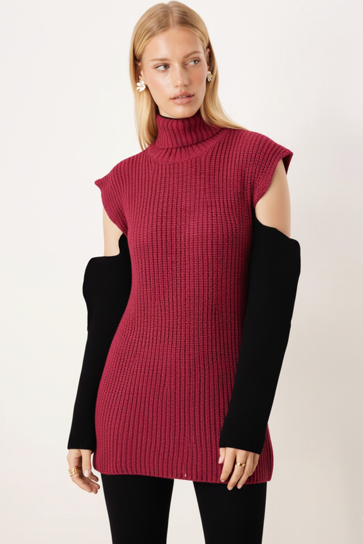 Kadın Fuşya Balıkçı Yaka Kolları Dekolteli Triko Kazak ARM-26K136015