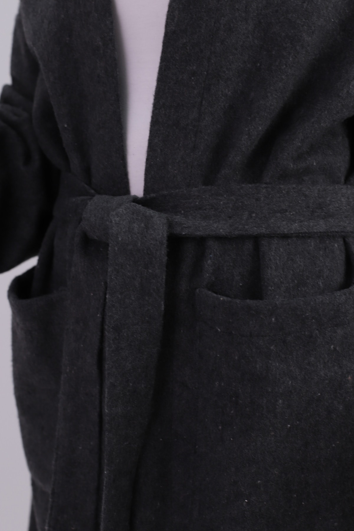 Kadın Füme Beli Kuşaklı Cepli Kapüşonlu Oversize Kaşe Kaban ARM-26K001025