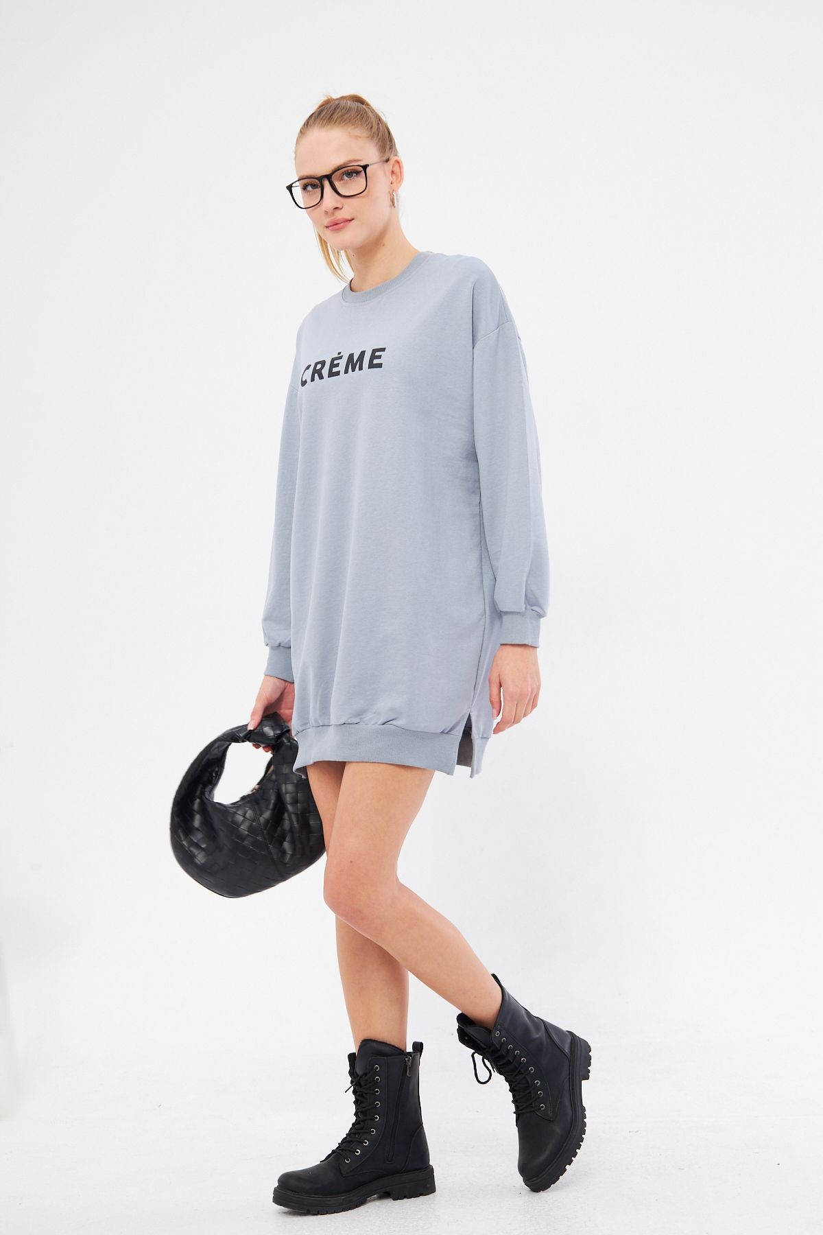 Kadın Gri Bisiklet Yaka Önü Yazılı Tunik Sweatshirt ARM-25K001029