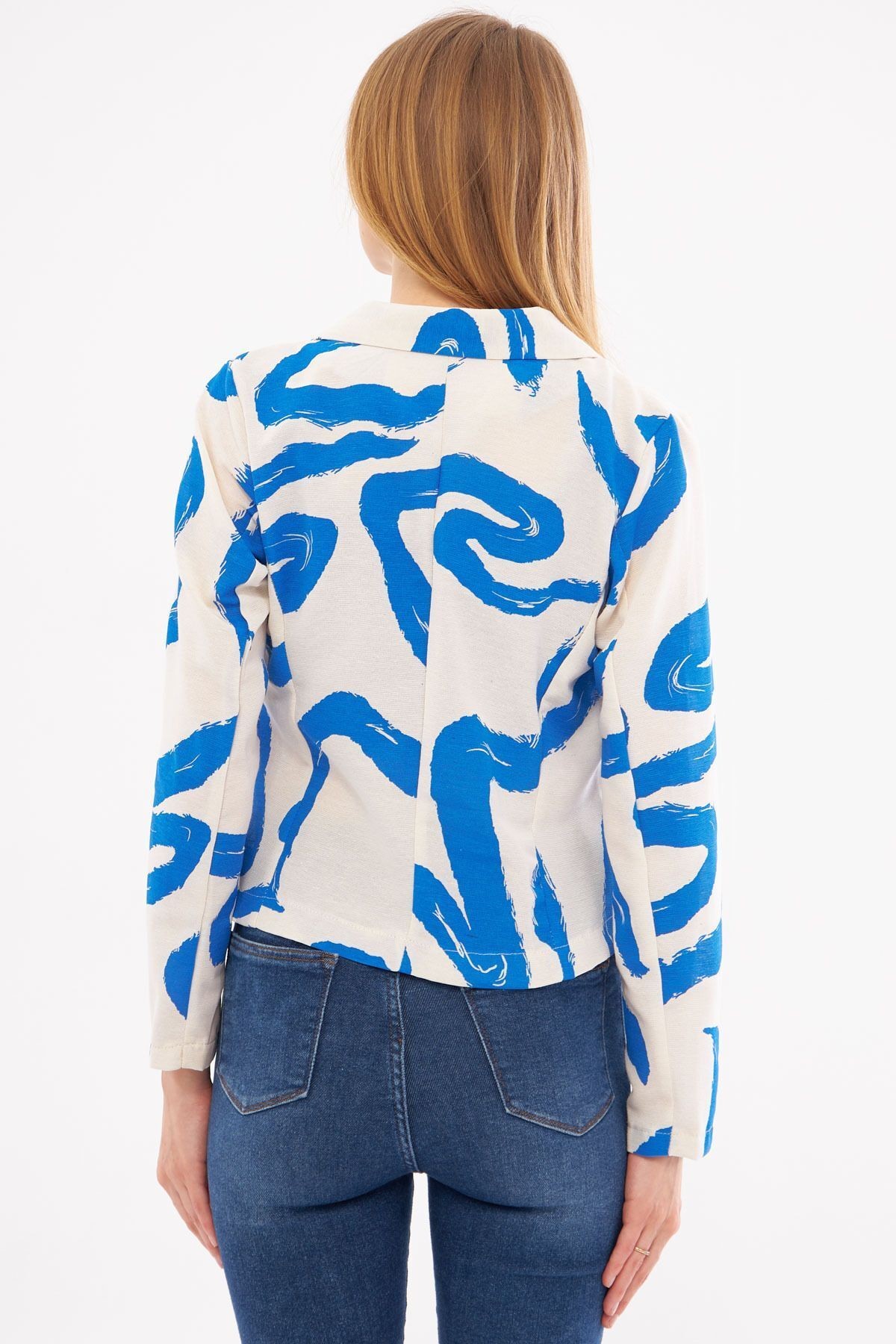Kadın Saks Kruvaze Yaka Desenli Crop Ceket ARM-24Y001058
