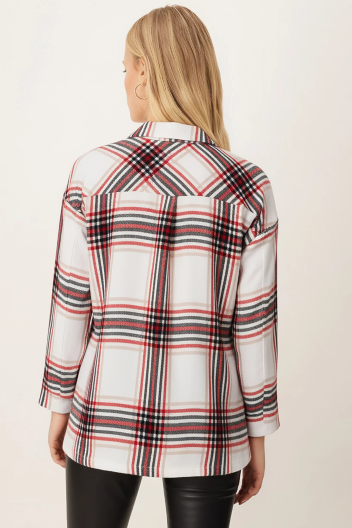 Kadın Kırmızı-Beyaz Erkek Yaka Yanları Yırtmaçlı Oversize Ceket ARM-26K001009