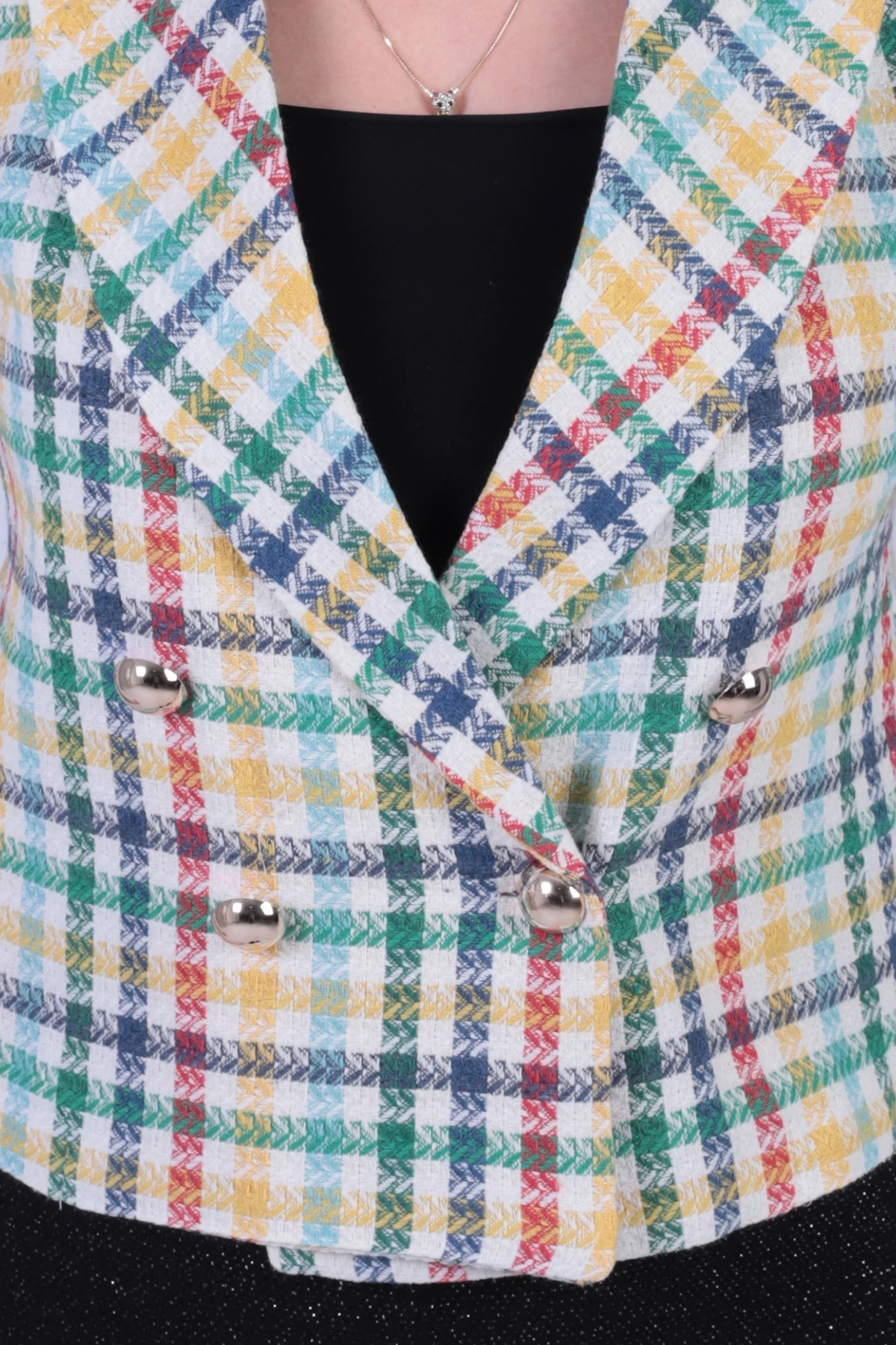 Kadın Sarı-Kırmızı Kruvaze Yaka Tüvit Crop Ceket ARM-24K001014