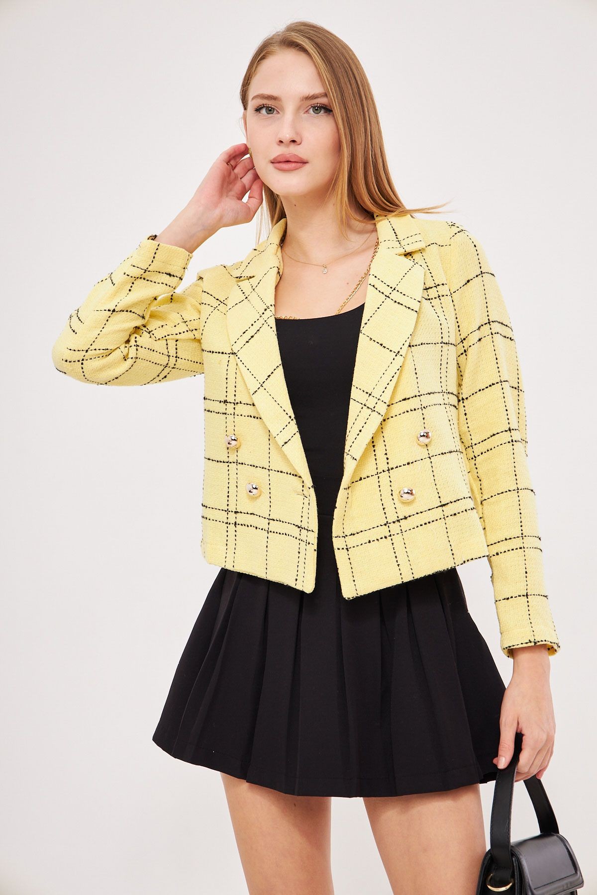 Kadın Sarı-Siyah Kruvaze Yaka Tüvit Crop Ceket ARM-24K001014