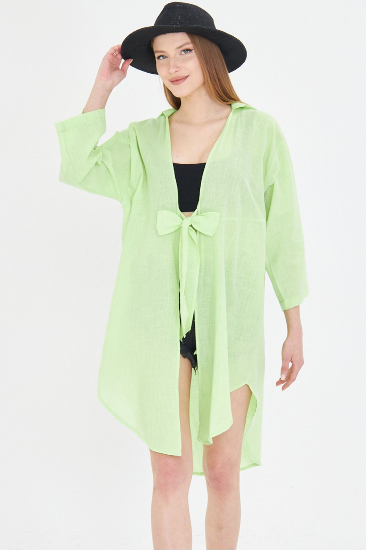 Kadın Neon Yeşil Önden Bağlamalı İnce Keten Kumaş Midi Boy Kimono Gömlek ARM-24Y001081
