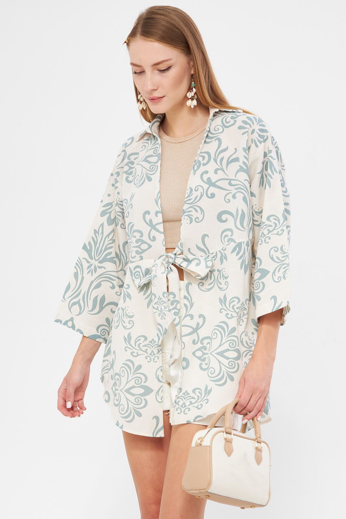 Kadın Mint Desenli Keten Görünümlü Önden Bağlamalı Kimono Gömlek ARM-24Y001079