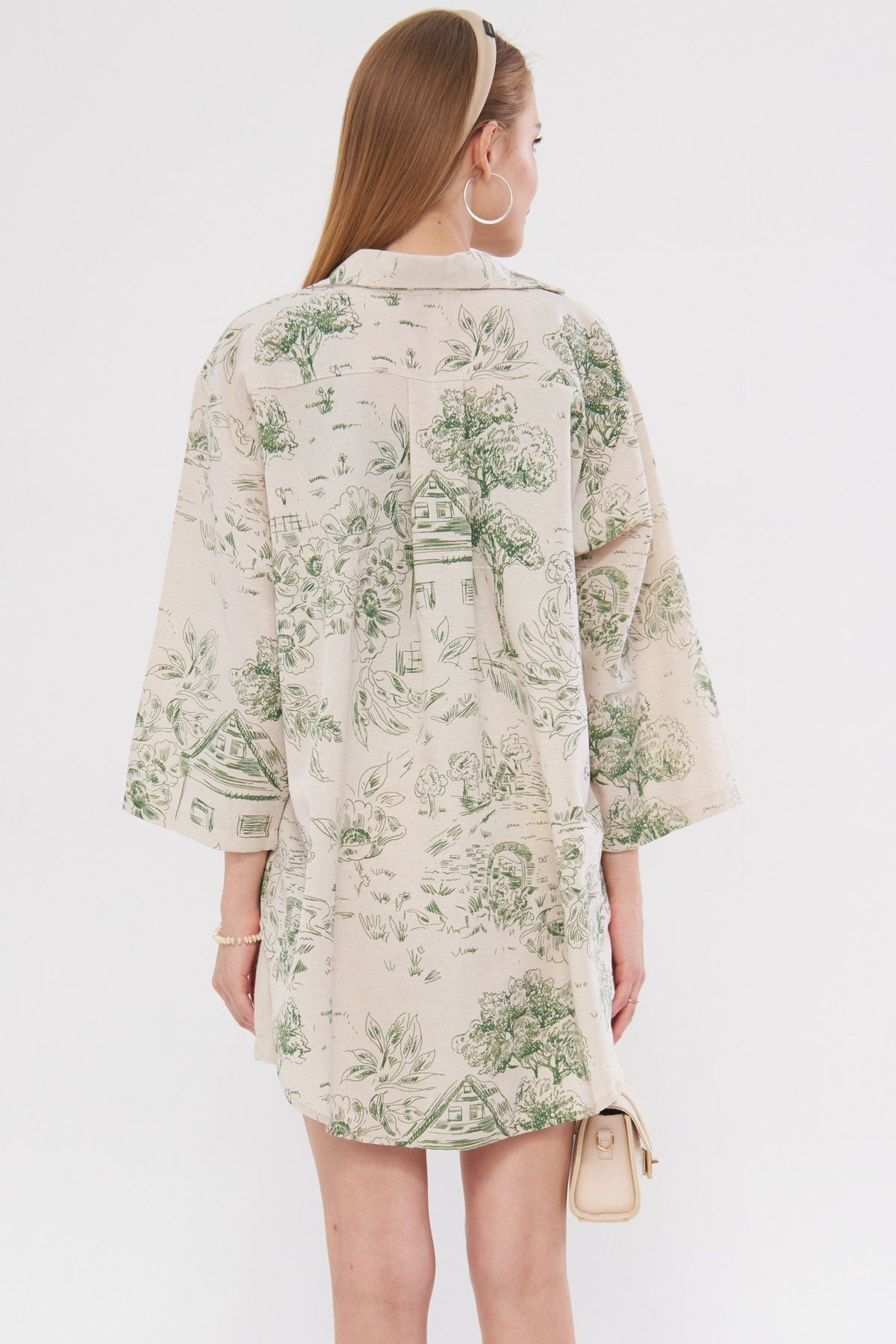 Kadın Çağla Yeşili Desenli Keten Görünümlü Önden Bağlamalı Kimono Gömlek ARM-24Y001079