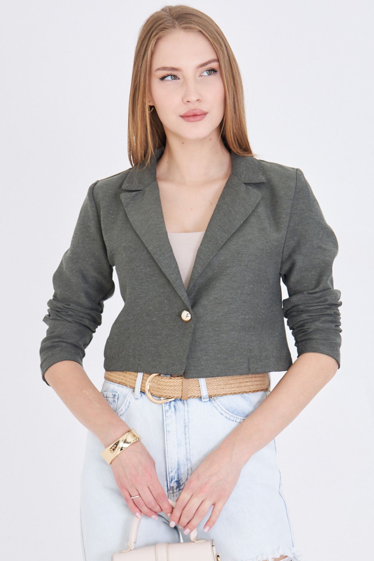 Kadın Haki Tek Düğmeli Crop Ceket ARM-23Y001064