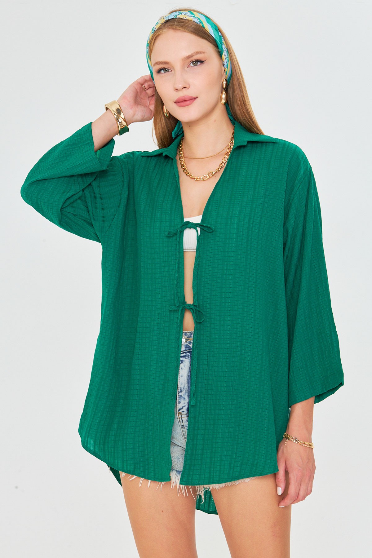 Kadın Koyu Yeşil Gömlek Yakalı Önden Bağcıklı Kimono Gömlek ARM-25K001006