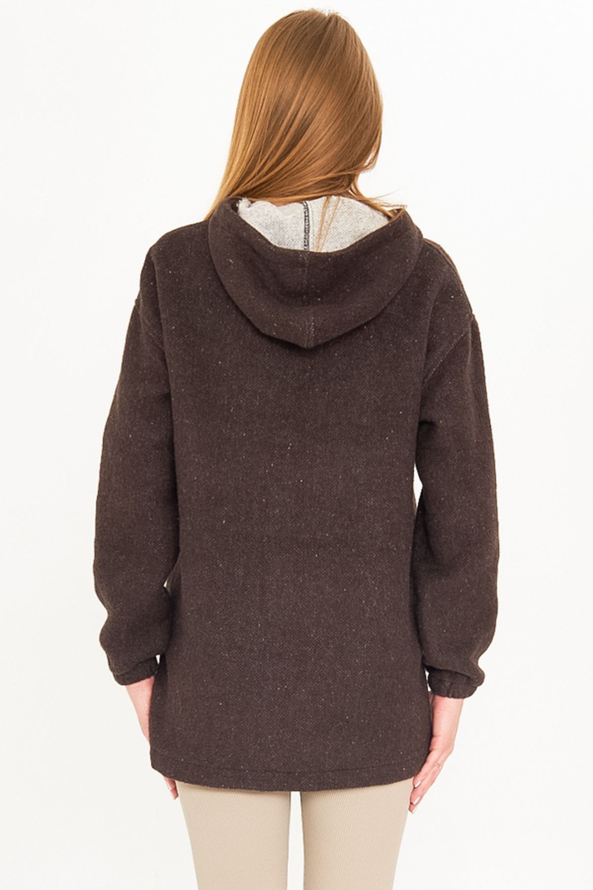Kadın Kahve Kapüşonlu Cep Kapaklı Kaşe Sweatshirt ARM-25K001097