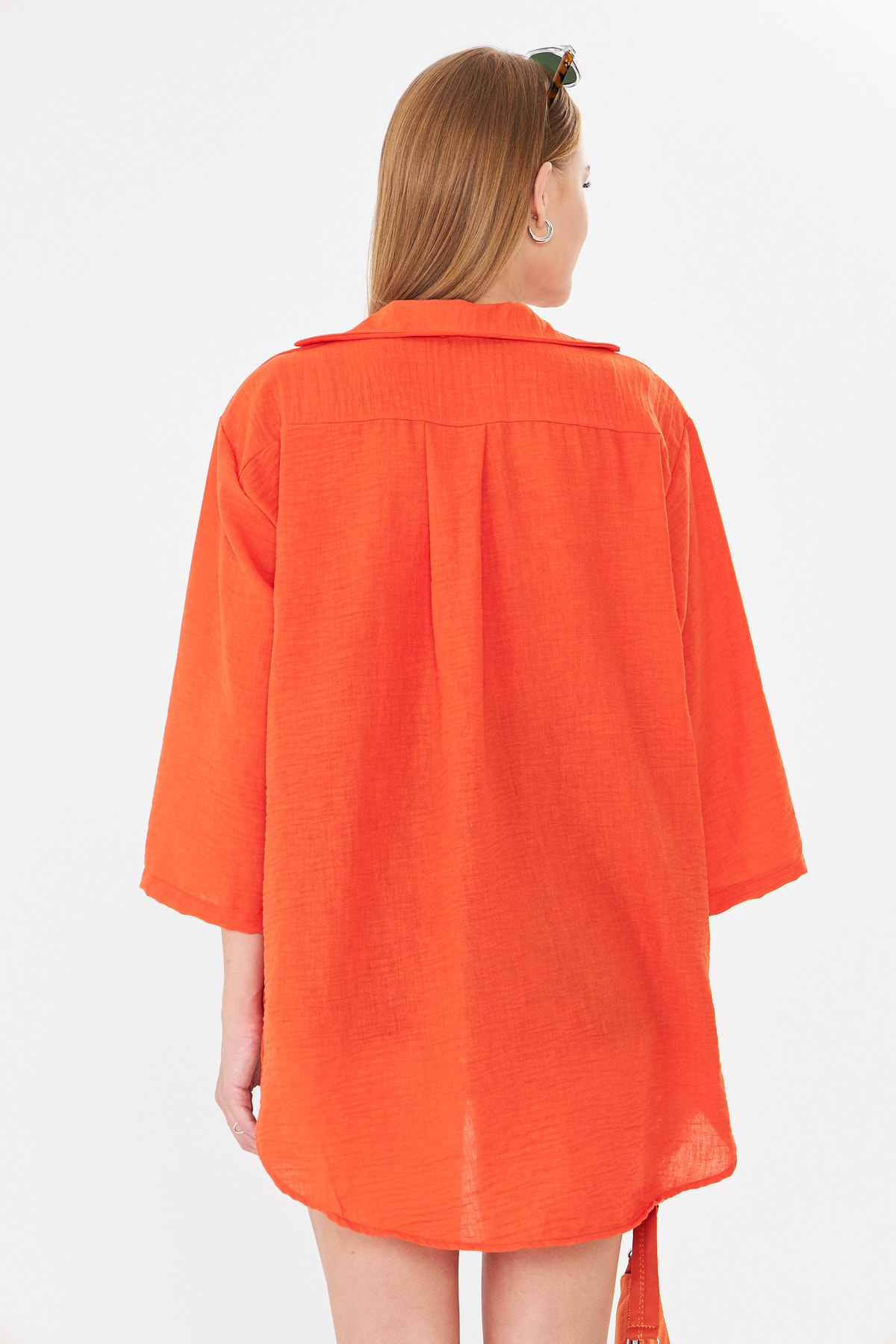Kadın Oranj Kendinden Çizgili Önden Bağlamalı Kimono Gömlek ARM-24Y001101