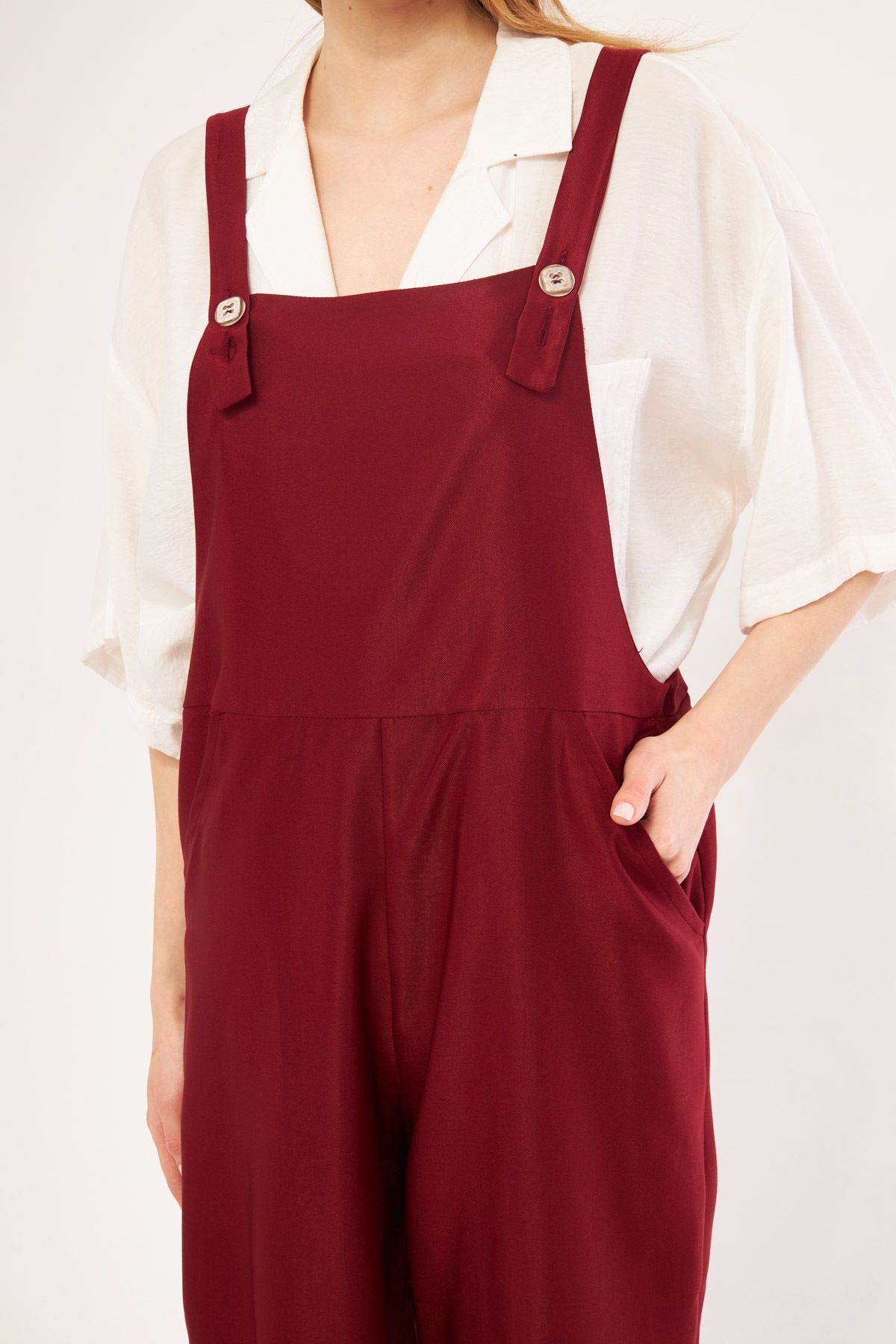Kadın Bordo İkosi Tulum Cepli Geniş Paçalı Bahçıvan Model ARM-24Y001043