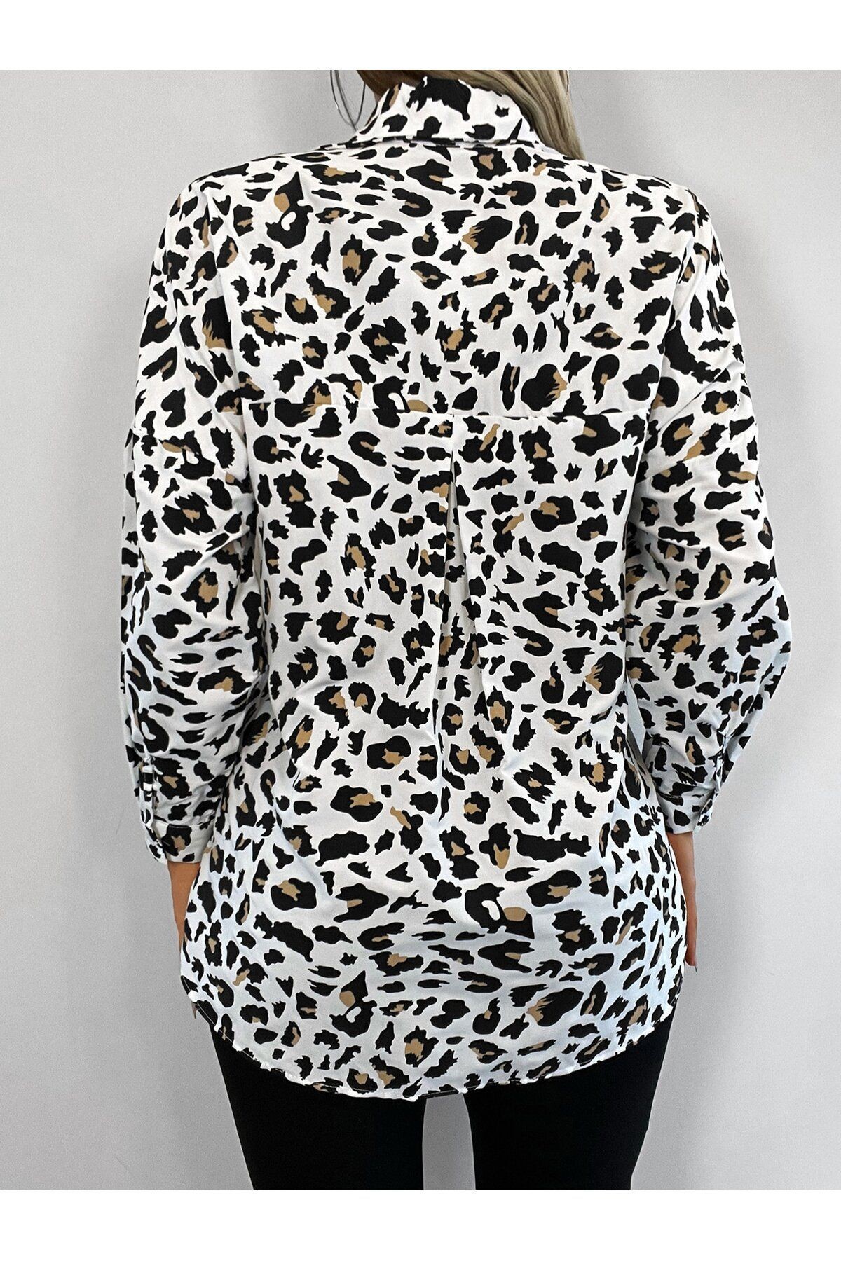Kadın Bej Leopar Desen Oversize Uzun Basic Gömlek Arm-22Y001147