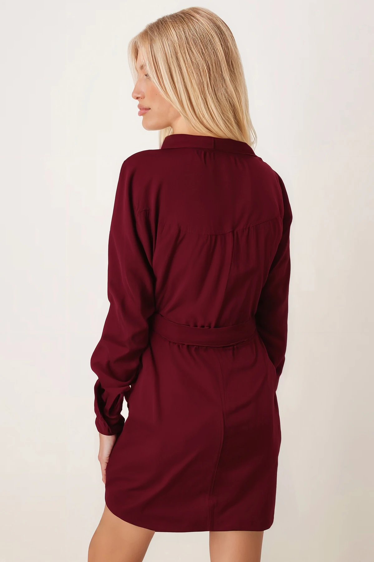 Kadın Bordo Önden Düğmeli Cepli Kuşaklı Kadife Elbise ARM-25K001085