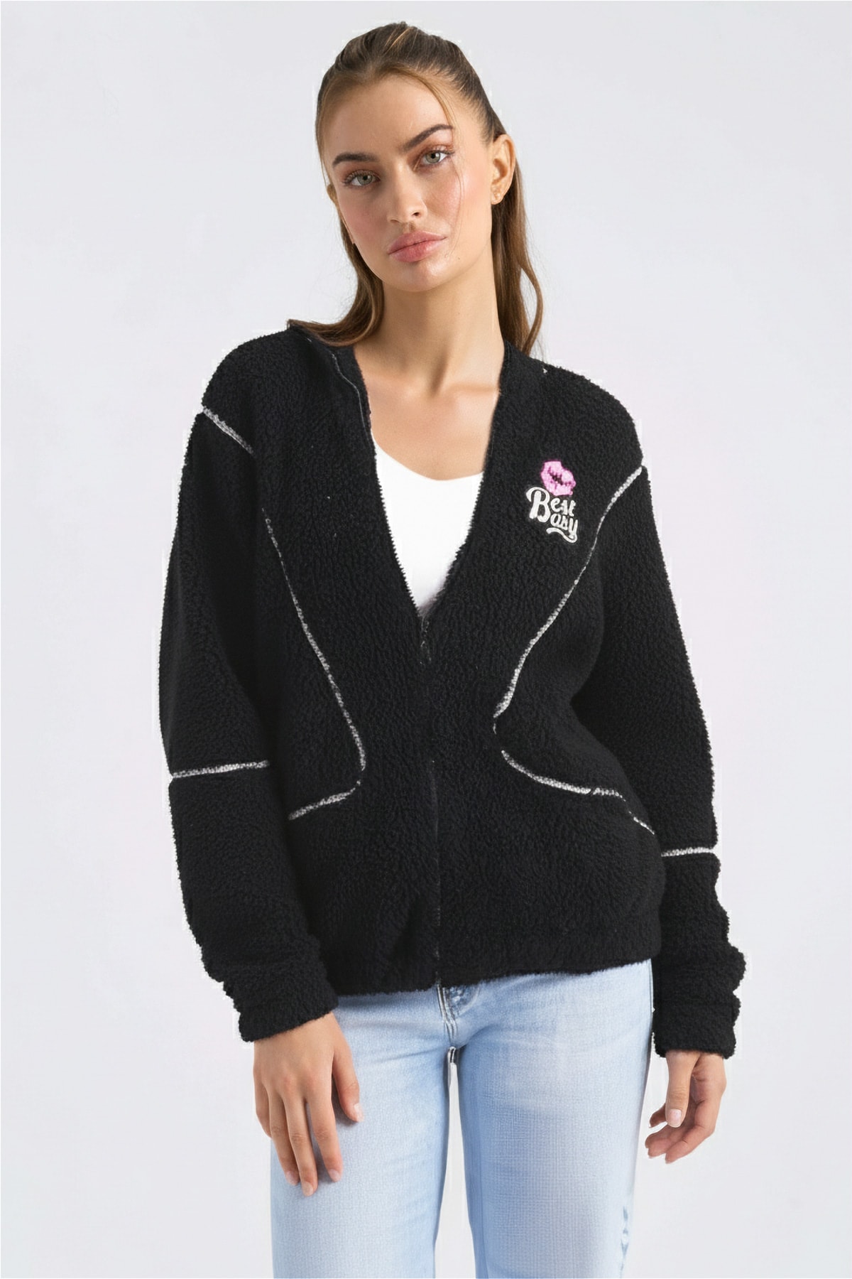 Kadın Siyah Cepli Astarlı Peluş Ceket ARM-26K136071