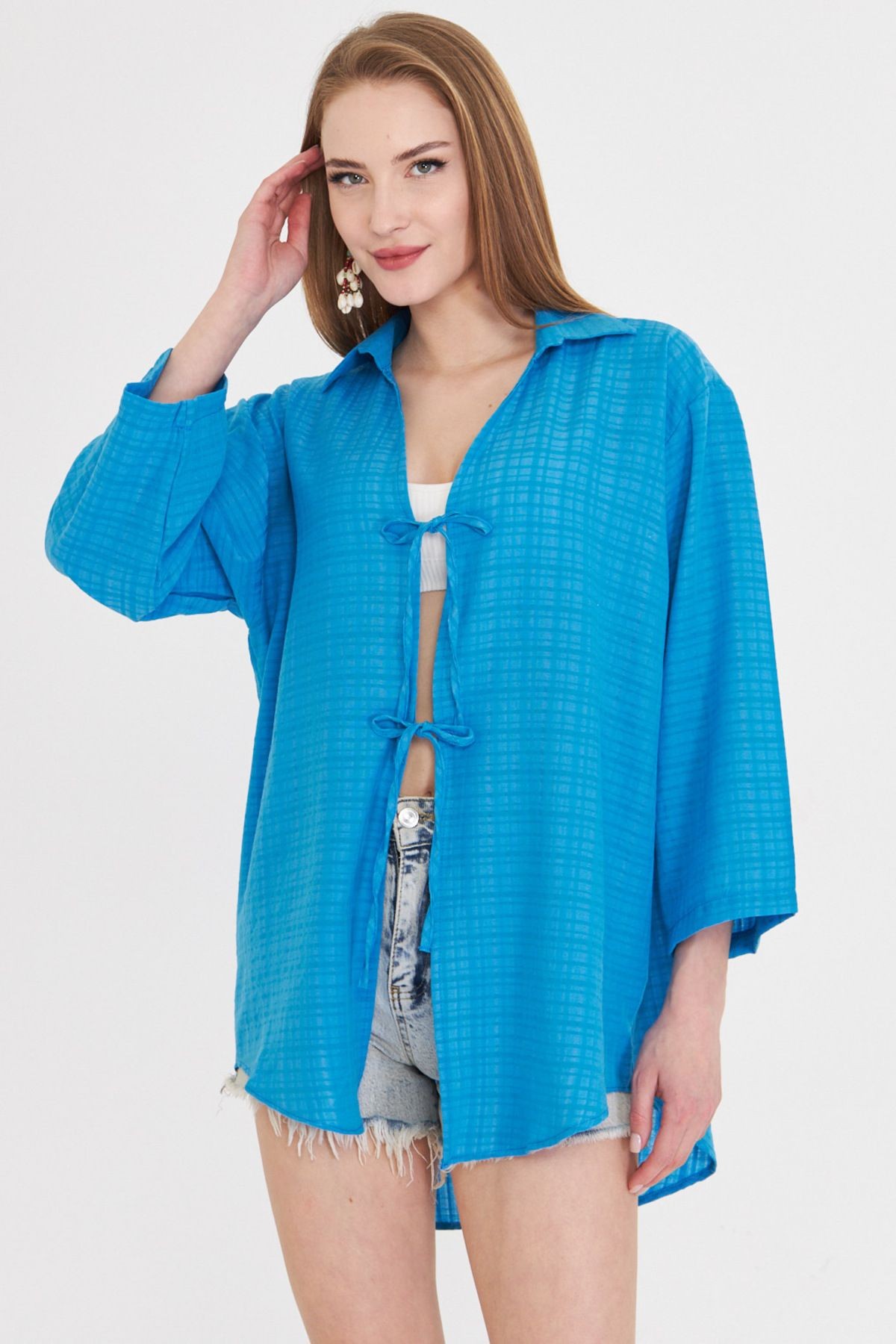 Kadın Mavi Gömlek Yakalı Önden Bağcıklı Kimono Gömlek ARM-25K001006