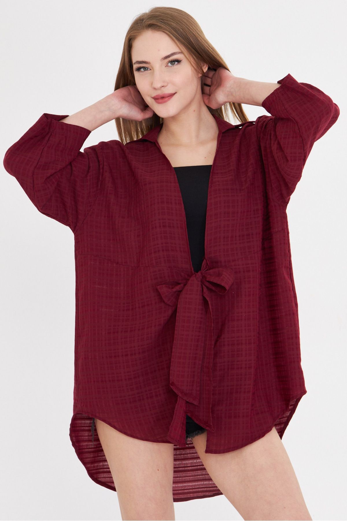 Kadın Bordo Kendinden Çizgili Önden Bağlamalı Kimono Gömlek ARM-24Y001101