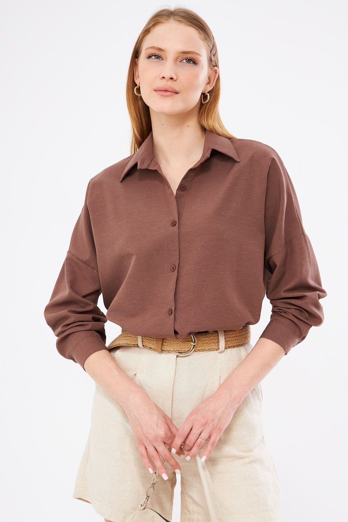 Kadın Kahve Oversize Uzun Basic Gömlek ARM-22Y001118