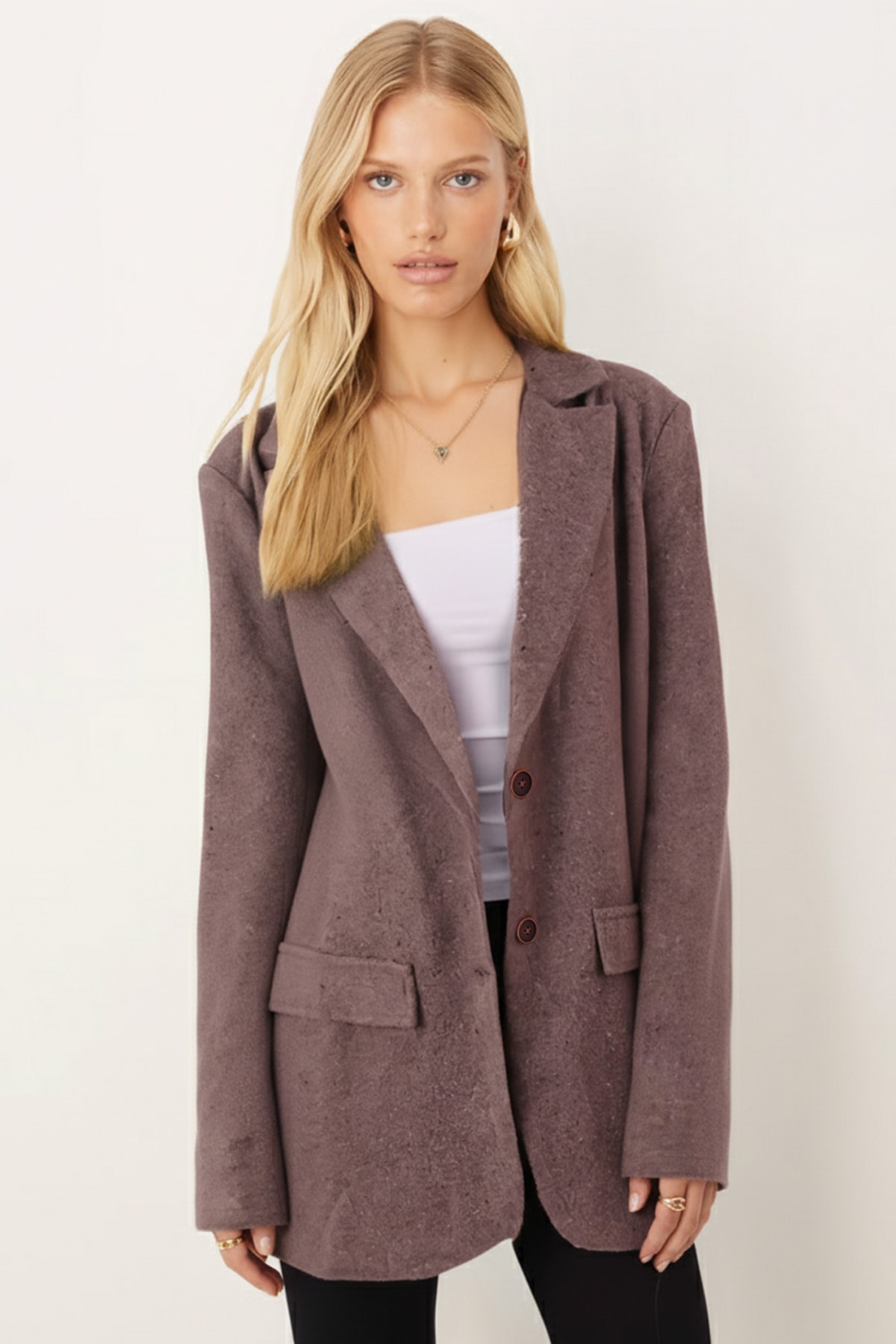 Kadın Vizon Erkek Yaka Cep Kapaklı Vatkalı Oversize Kaşe Ceket ARM-26K001044