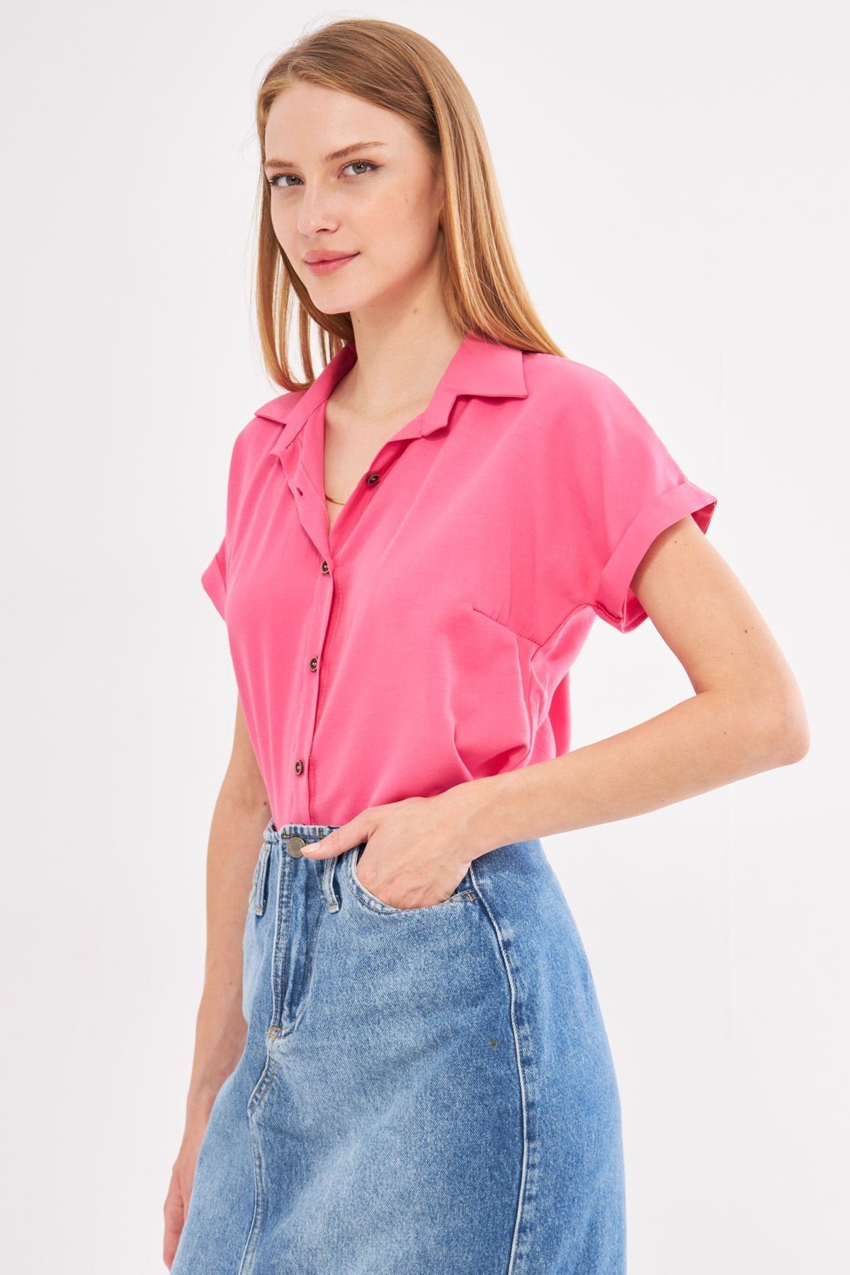 Kadın Pembe Kısa Kol Gömlek ARM-19Y001065