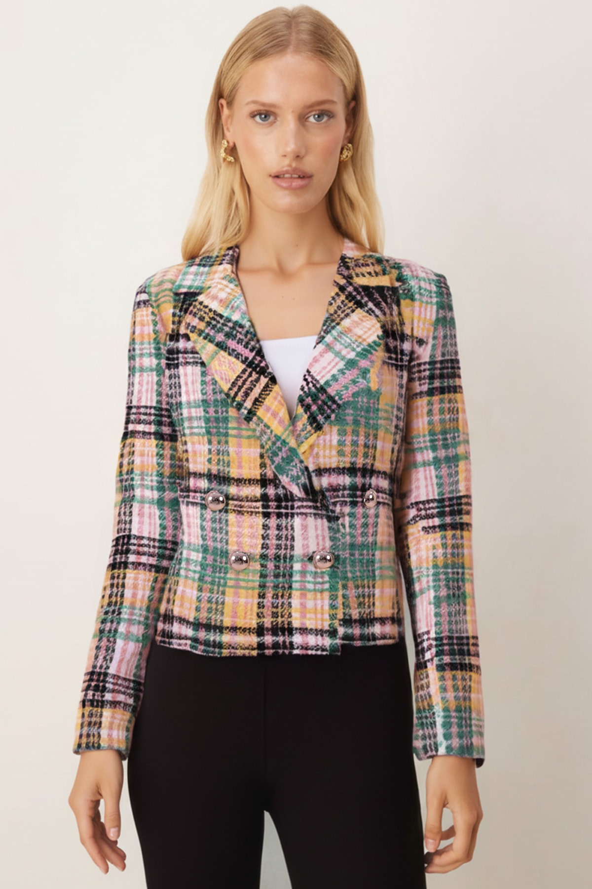 Kadın Gülkurusu-Yeşil Kruvaze Yaka Tüvit Crop Ceket ARM-24K001014