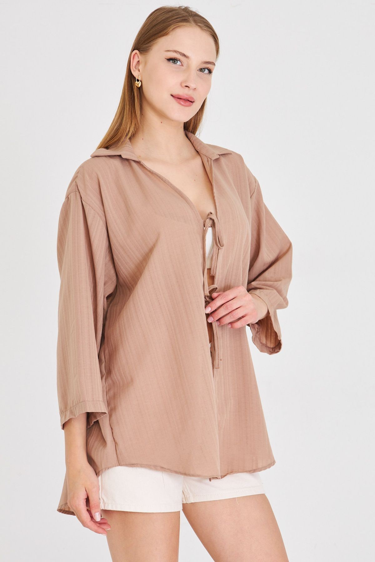 Kadın Vizon Gömlek Yakalı Önden Bağcıklı Kimono Gömlek ARM-25K001006