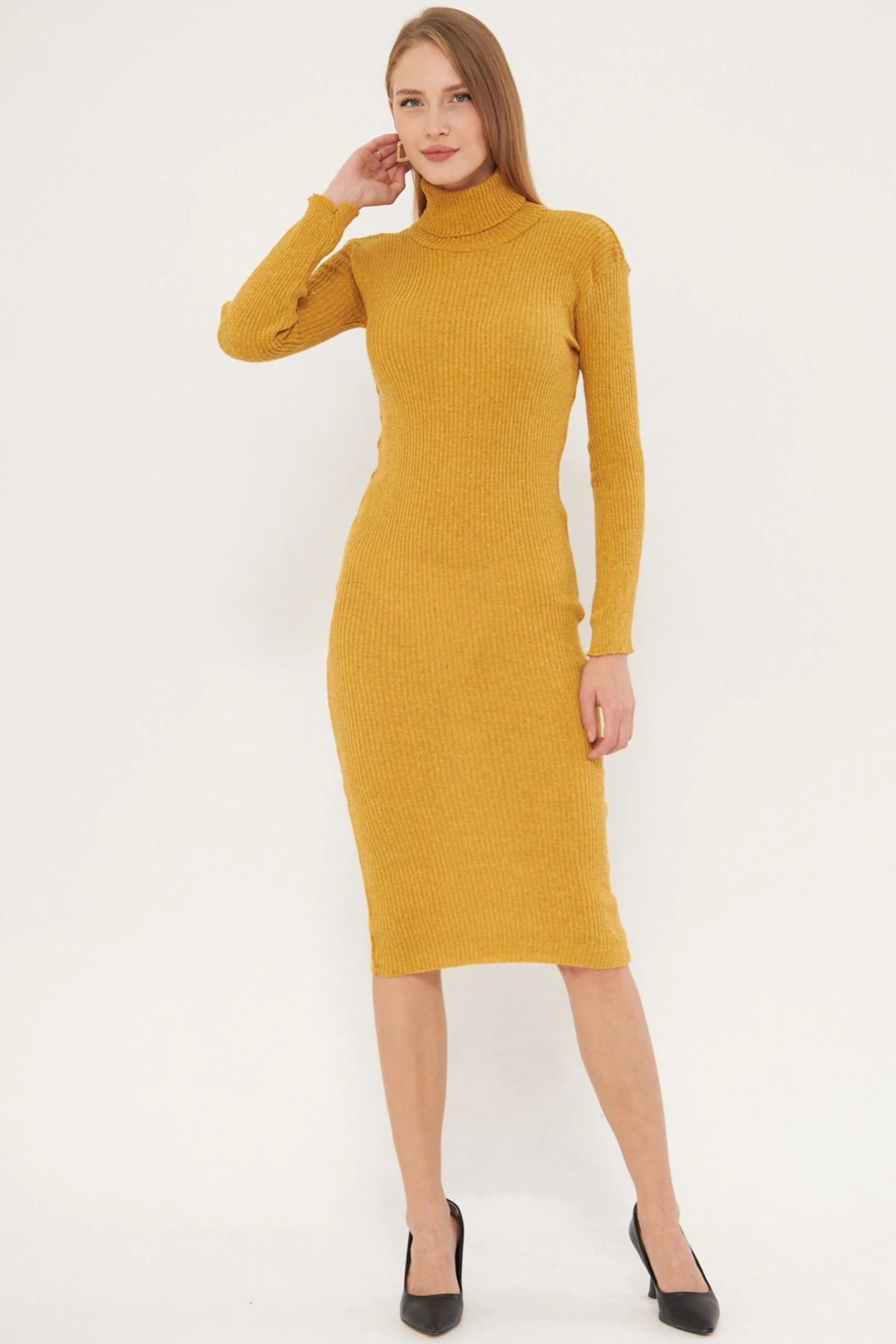 Kadın Hardal Boğazlı Vücuda Oturan Kaşkorse Elbise ARM-25K069001