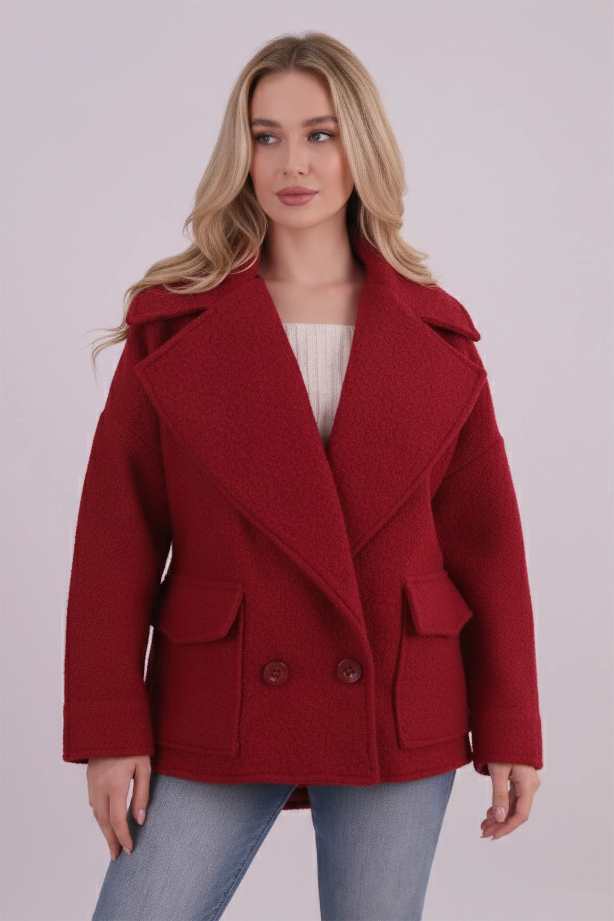 Kadın Bordo Cepli Astarlı Kaşe Kaban ARM-26K136069