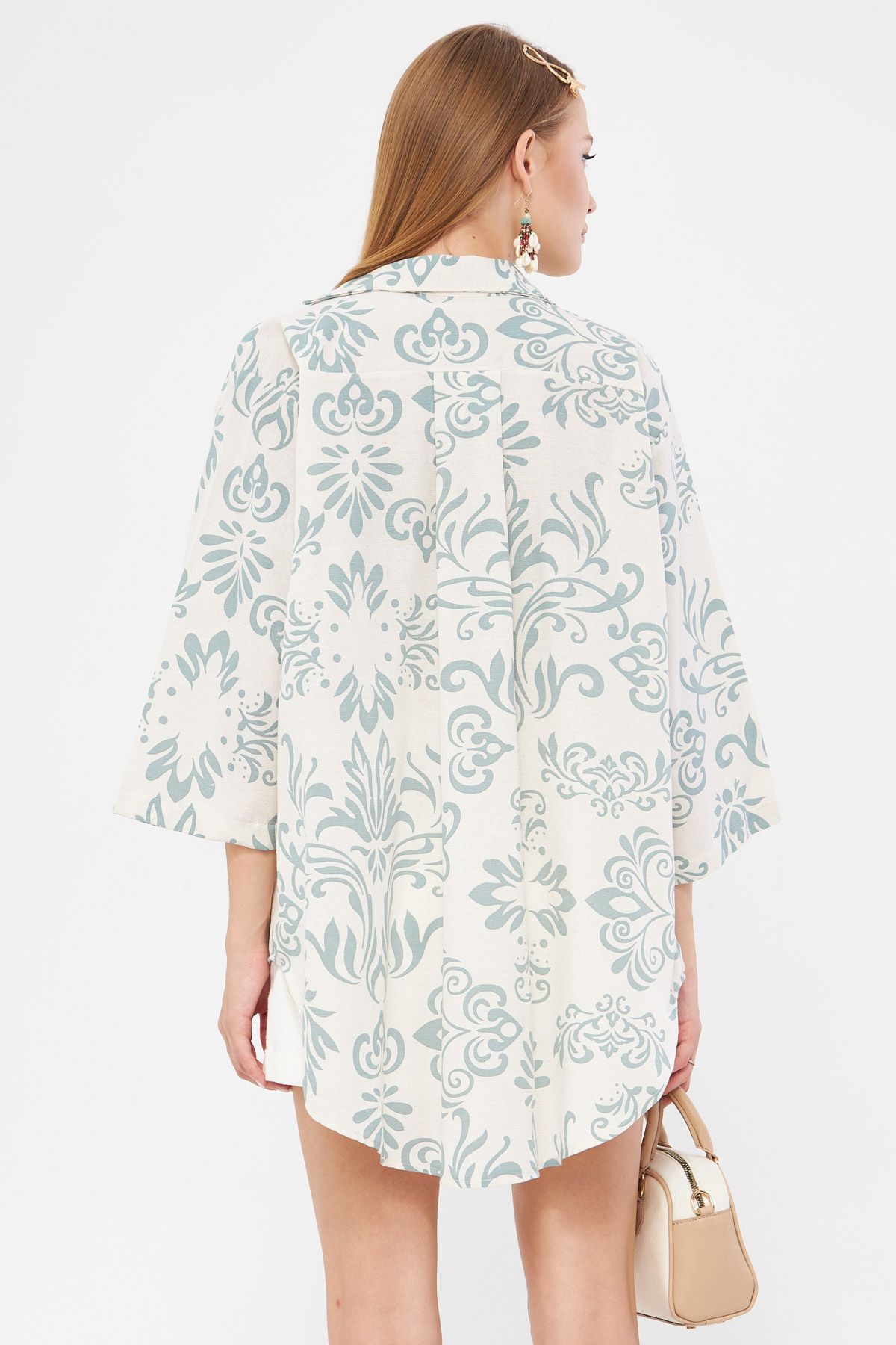 Kadın Mint Desenli Keten Görünümlü Önden Bağlamalı Kimono Gömlek ARM-24Y001079