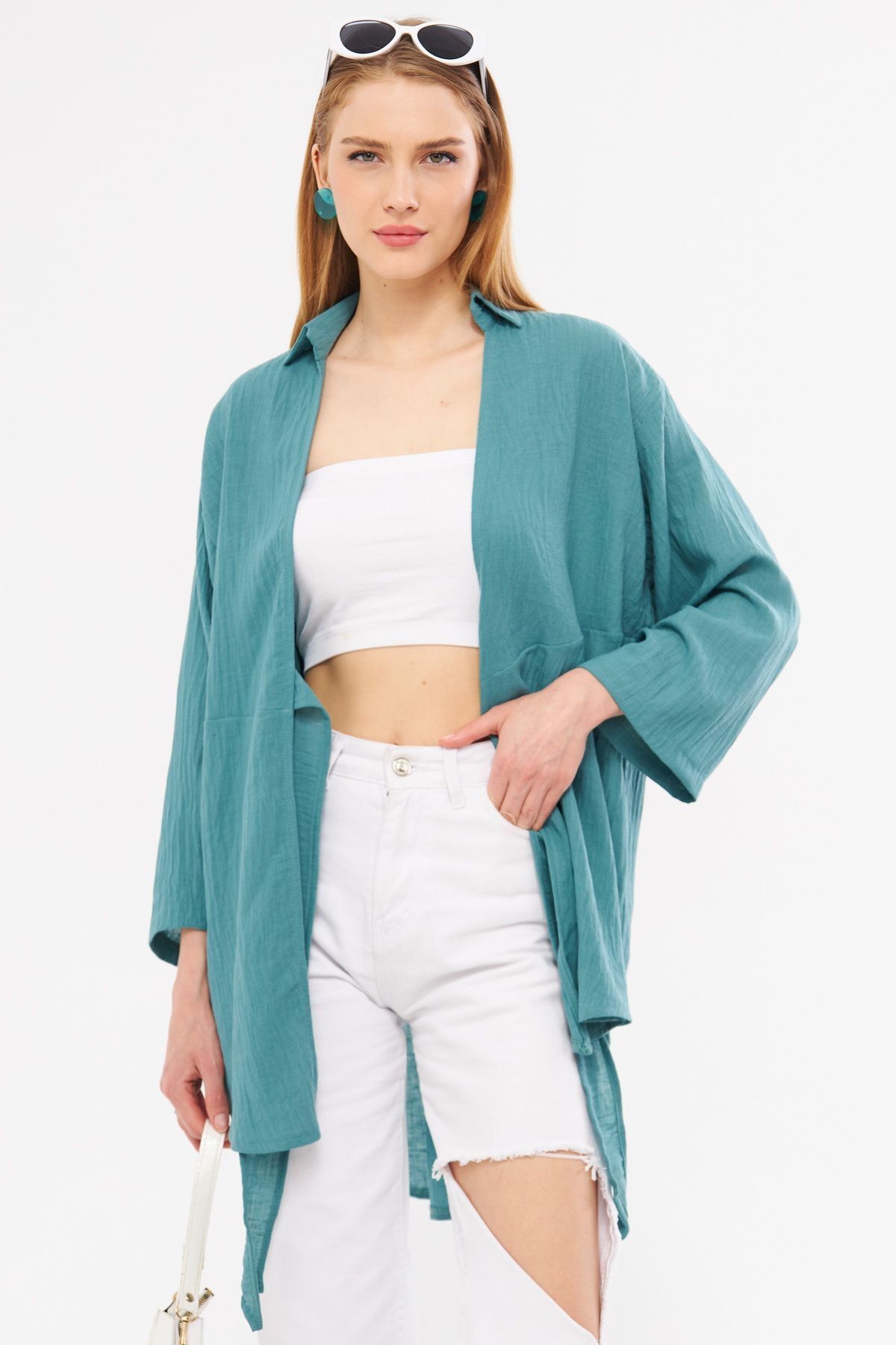 Kadın Turkuaz Keten Görünümlü Önden Bağlamalı Kimono Gömlek ARM-24Y001063