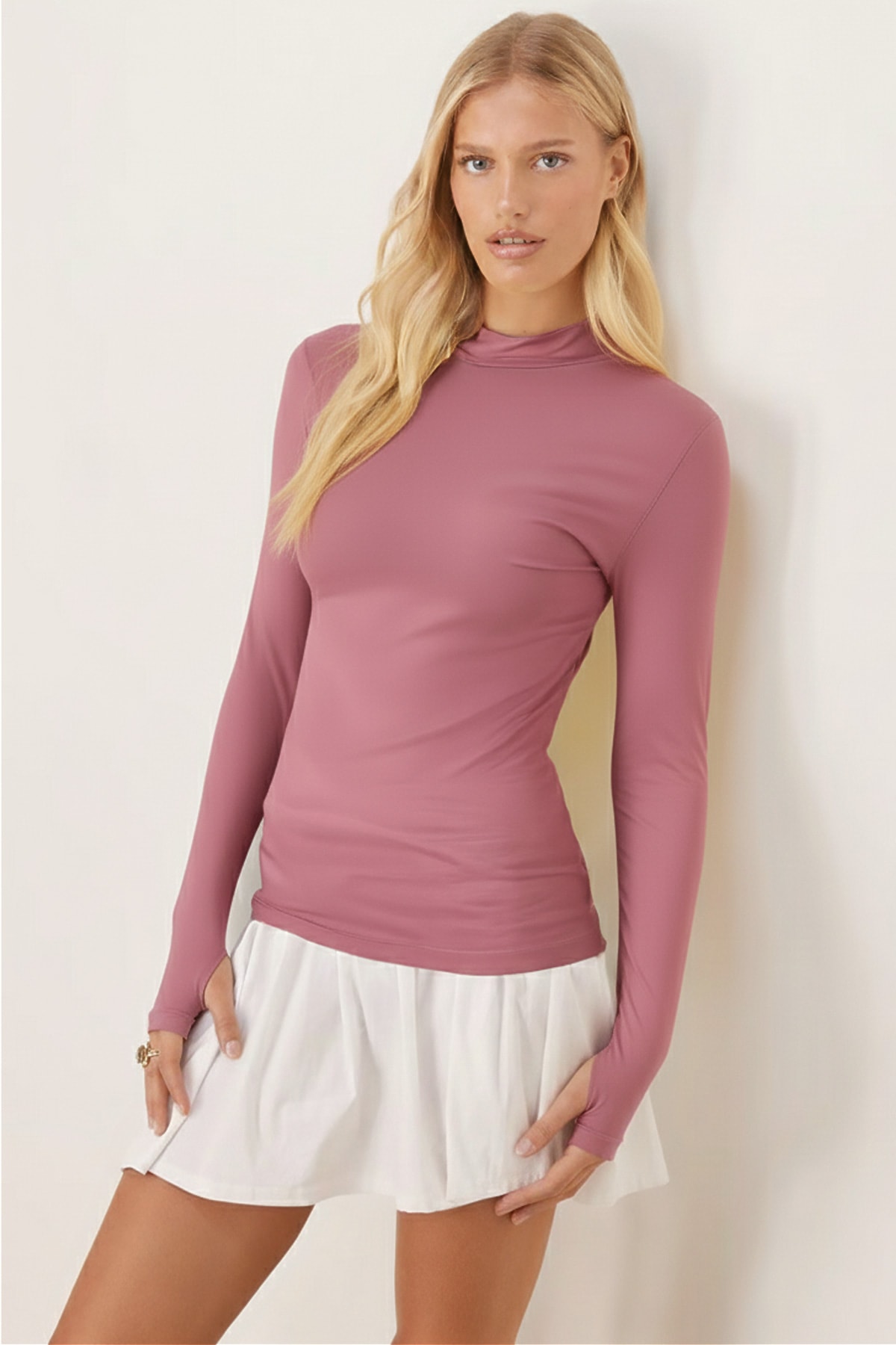 Kadın Gül Kurusu Yarım Balıkçı Parmak Geçmeli Body Bluz ARM-26K135002