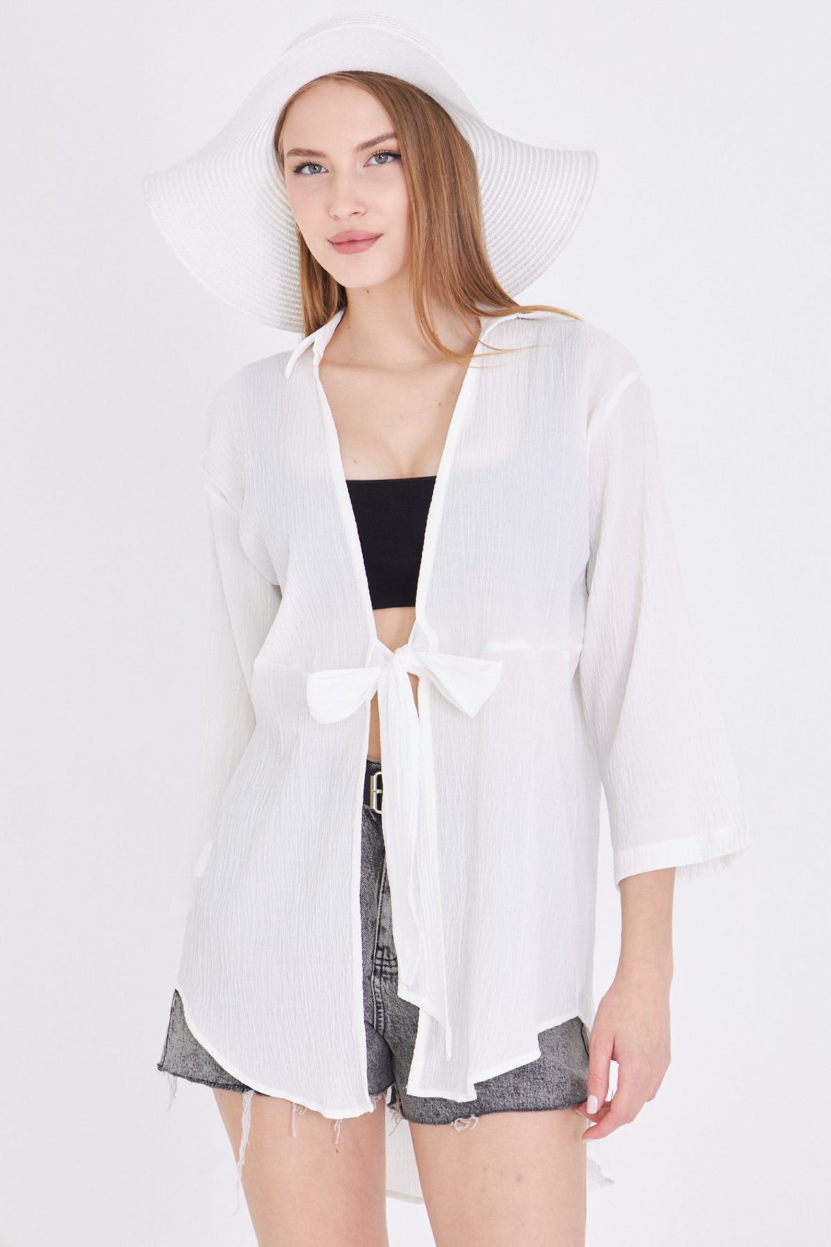 Kadın Beyaz Keten Görünümlü Önden Bağlamalı Kimono Gömlek ARM-24Y001063