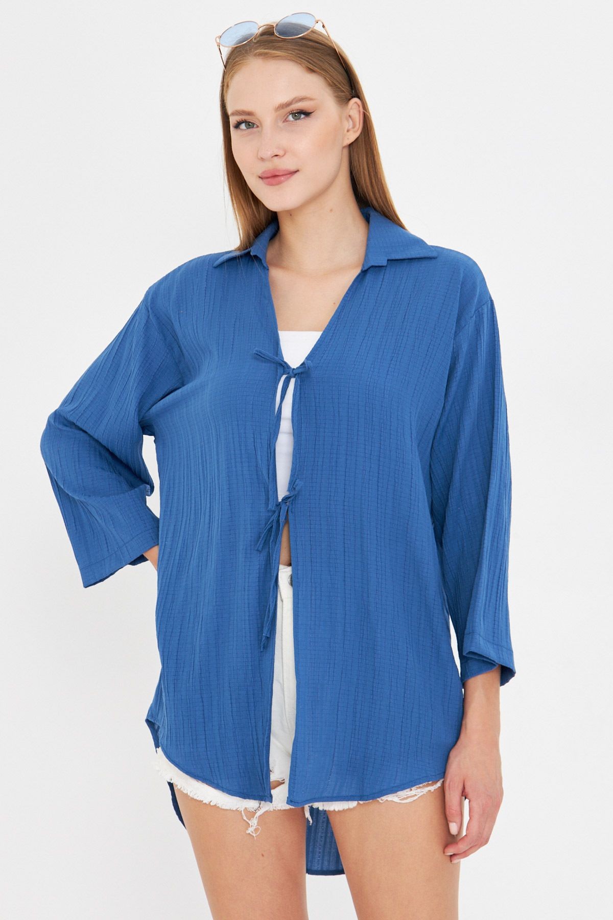 Kadın Koyu Mavi Gömlek Yaka Önden Bağcıklı Kimono ARM-25K001006
