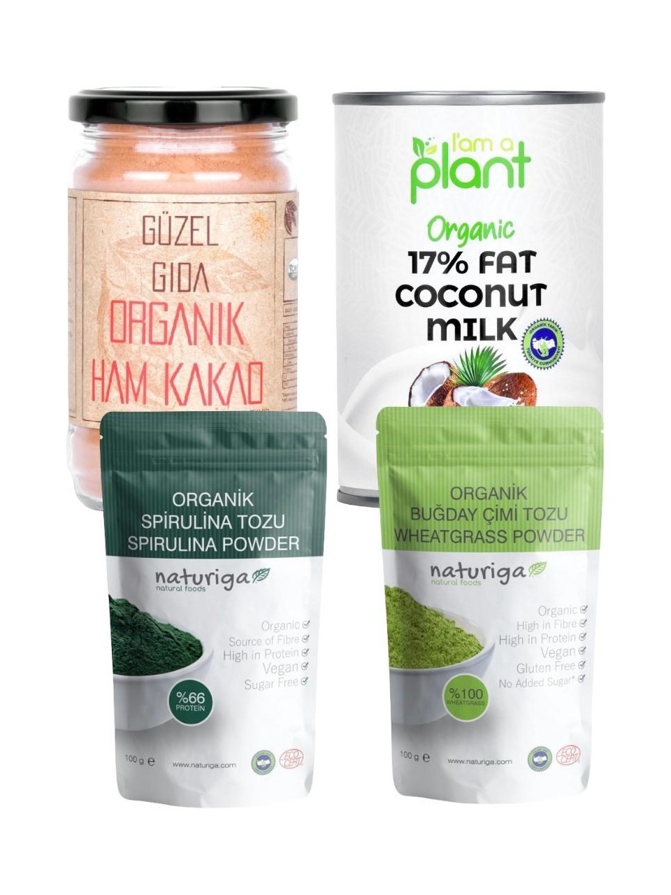 Güzel Ada Gıda Güzel Gıda Organik Ham Kakao + Hindistan Cevizi Sütü  +Naturiga Spirulina Tozu +Buğday Çimi Tozu