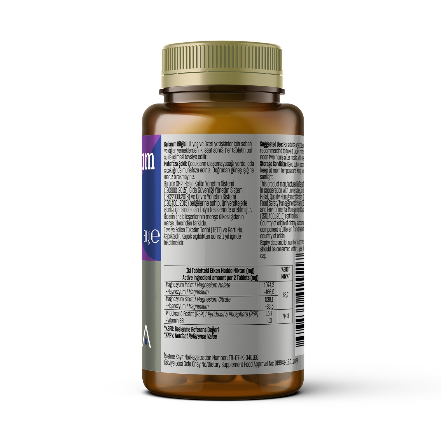 Talya Magnezyum Malat + Magnezyum Sitrat + Vitamin B6 İçeren Takviye Edici Gıda, 60 Tablet