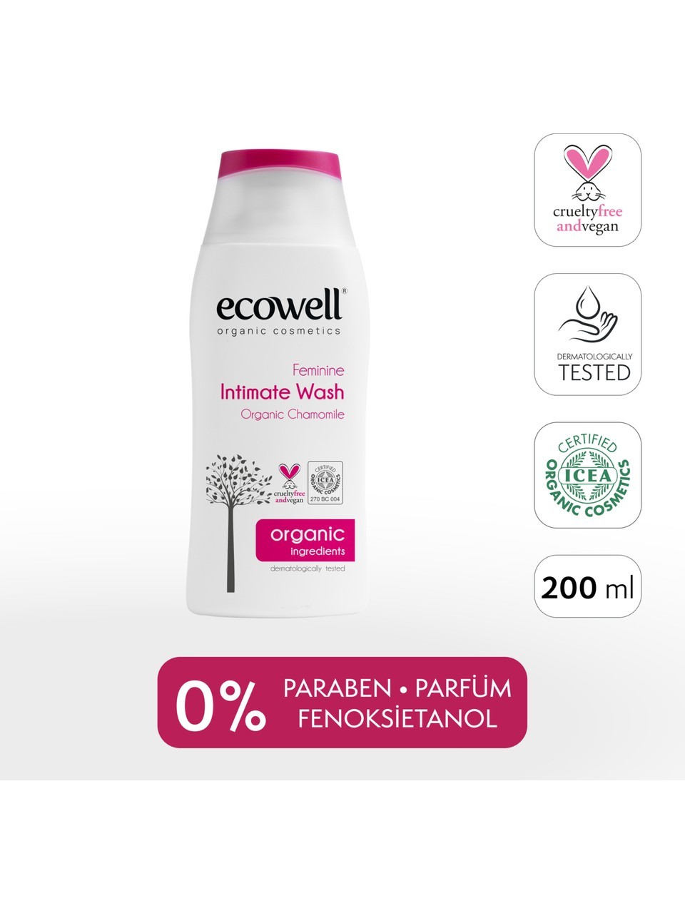 Ecowell İntim Temizleyici, Organik & Vegan, Genital Bölge Koku Önleyici, pH Dengeleyici Yıkama Jeli, 200ml